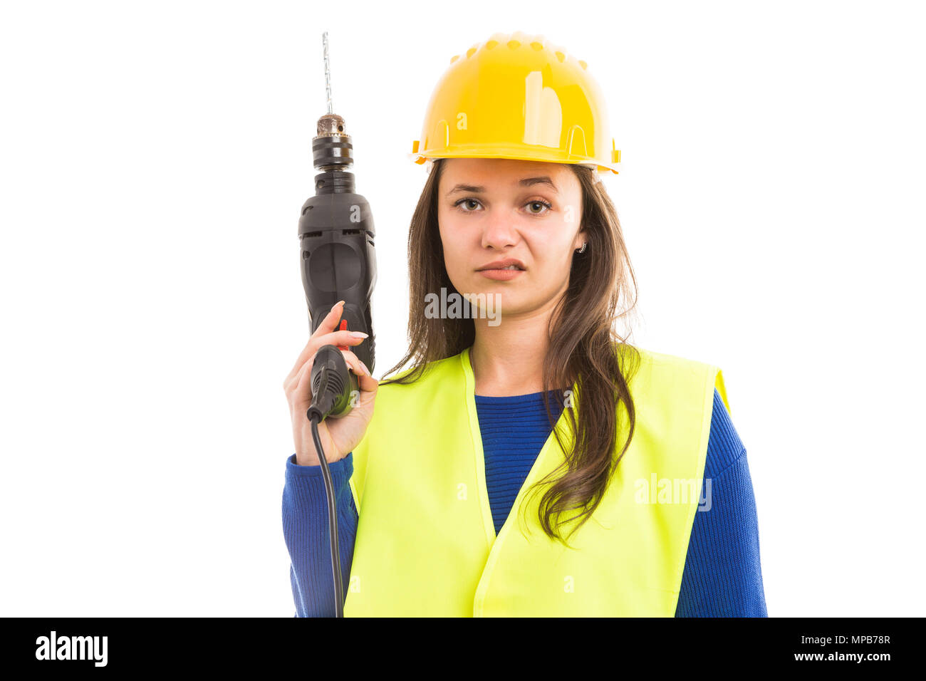 Junge weibliche Architekt oder Ingenieur holding Bohrmaschine so haltbar, kraftvollen weiblichen professionellen auf weißem Hintergrund Stockfoto
