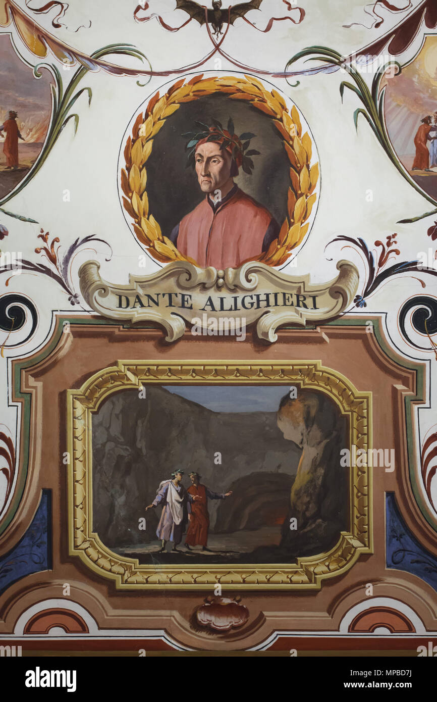 Italienische mittelalterlichen Dichter Dante Alighieri im Deckenfresko der Vasari Korridor in den Uffizien (Galleria degli Uffizi) in Florenz, Toskana, Italien dargestellt. Dante und Vergil in der Hölle sind in das Medaillon unter dem Porträt dargestellt. Stockfoto