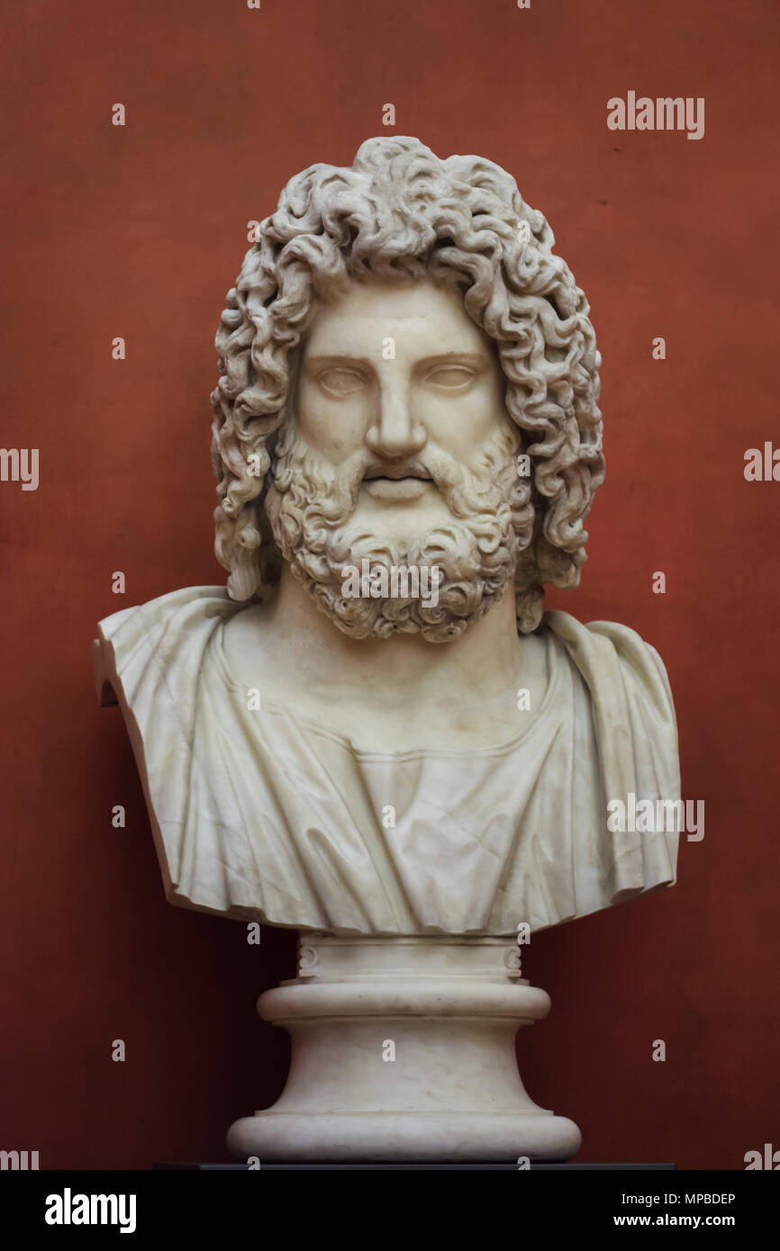 Kopf des Zeus. Römische Marmor kopieren aus dem 2. Jahrhundert AD auf der Römischen marmorbüste als Otricoli Zeus bekannt, die in den Uffizien (Galleria degli Uffizi) in Florenz, Toskana, Italien. Stockfoto