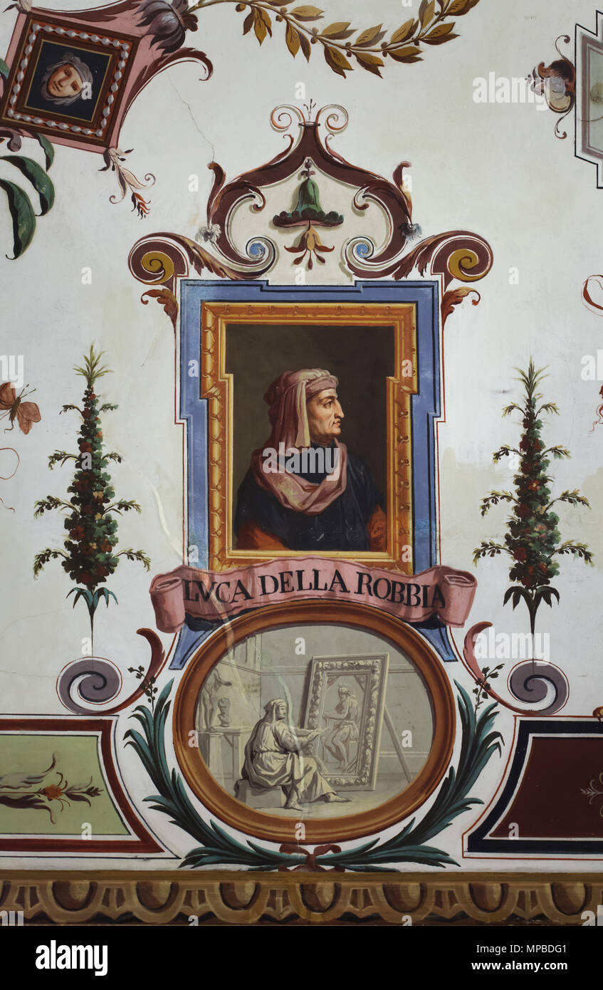 Italienische Renaissance Bildhauers Luca della Robbia im Deckenfresko der Vasari Korridor in den Uffizien (Galleria degli Uffizi) in Florenz, Toskana, Italien dargestellt. Stockfoto