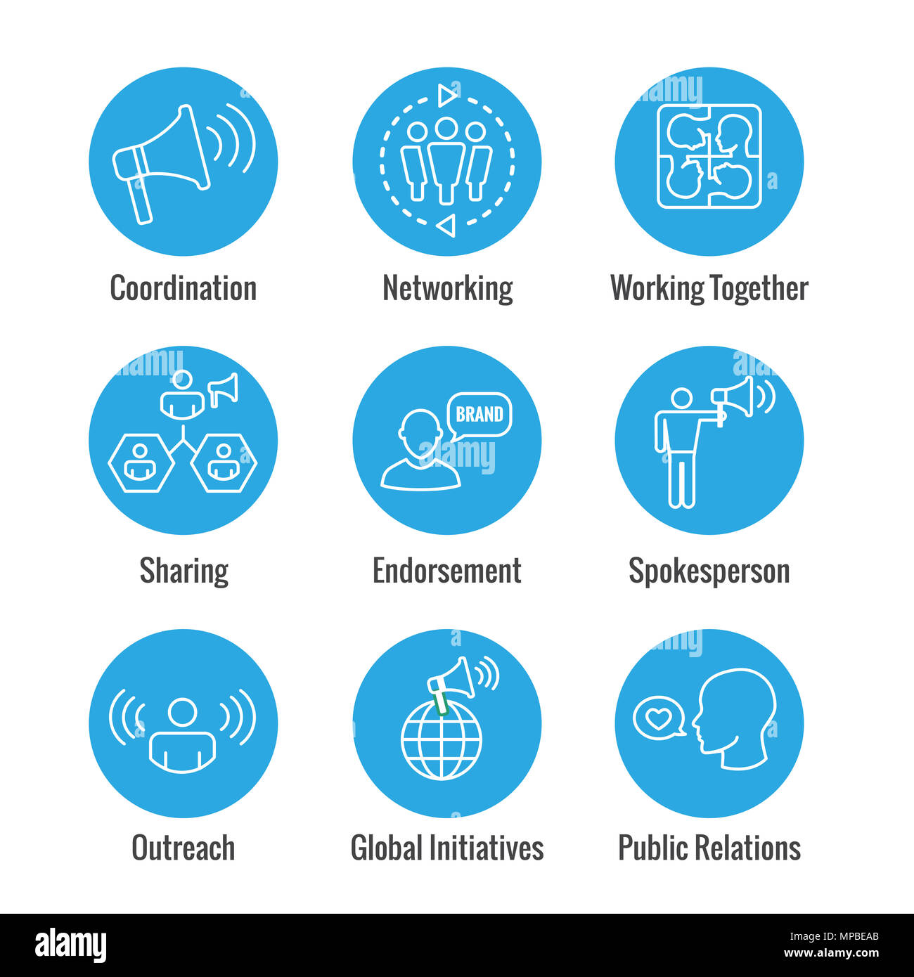 Sprecher Icon Set w Megaphon, Koordination, PR, Public Relations Person einstellen Stockfoto