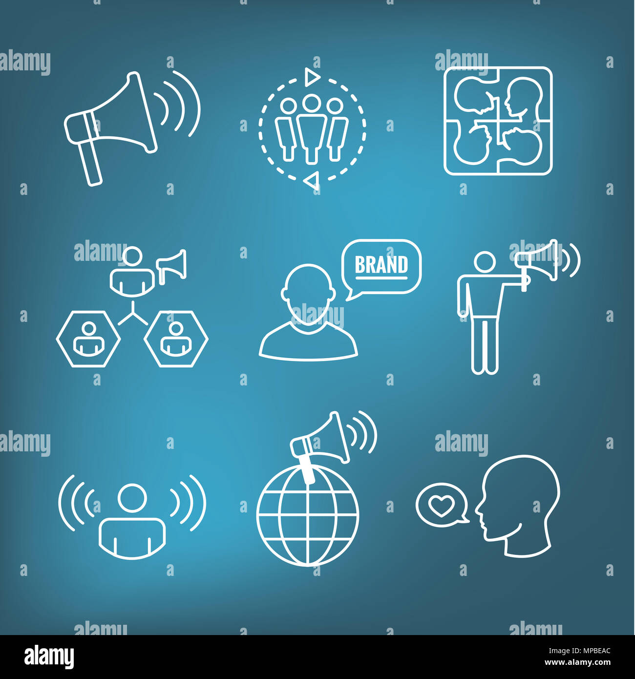 Sprecher Icon Set w Megaphon, Koordination, PR, Public Relations Person einstellen Stockfoto