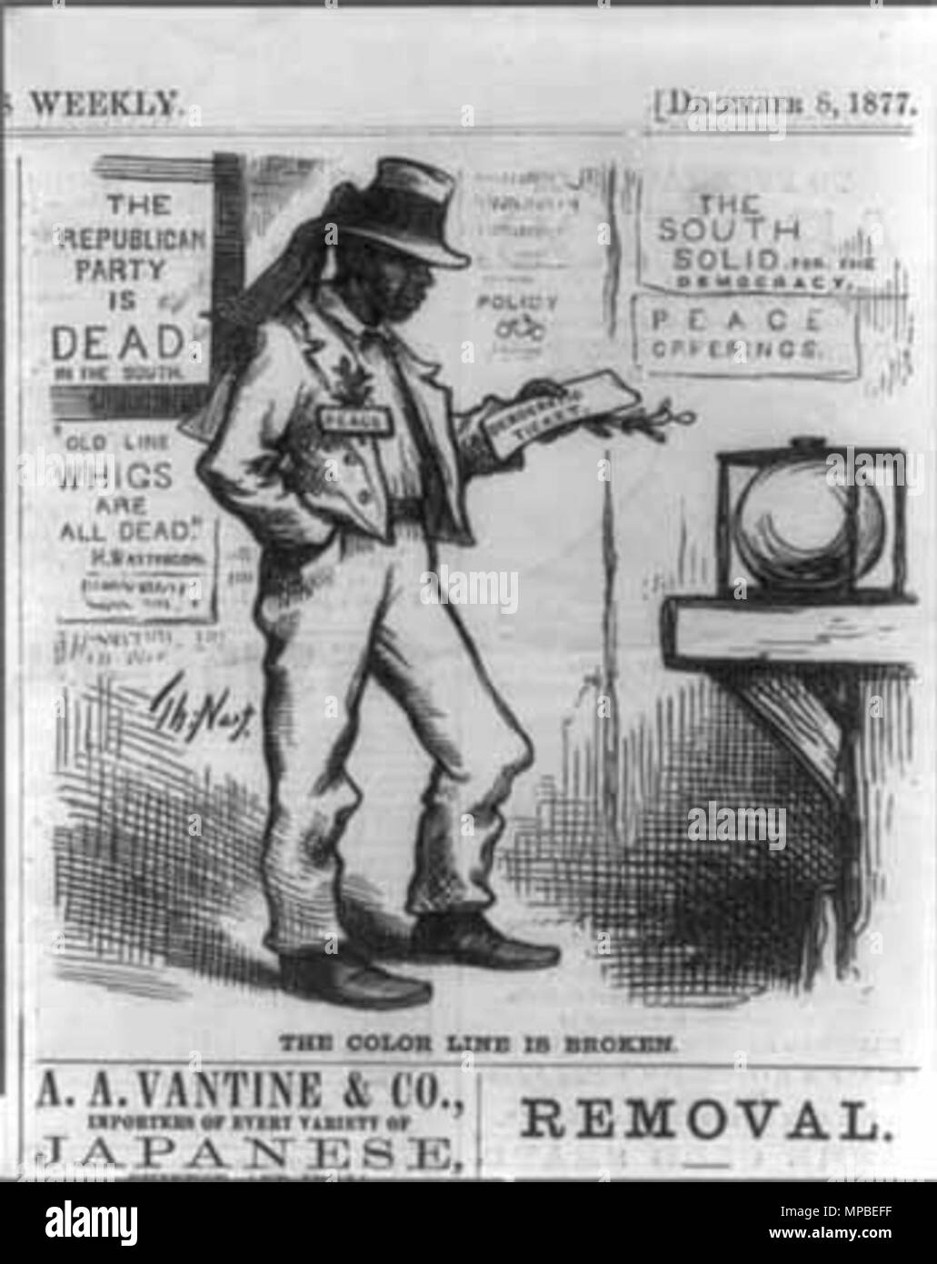 . Englisch: Politische Karikatur über das Ende des Wiederaufbaus im Jahre 1877. Vom 8. Dezember 1877. Thomas Nast (1840-1902) Alternative Namen Thos. Nast; Nast Beschreibung deutsch-amerikanischen Zeichner und Karikaturist Geburtsdatum / Tod am 27. September 1840 vom 7. Dezember 1902 Ort der Geburt / Todes Landau, Deutschland Guayaquil, Ecuador arbeiten Ort: England, Italien, USA Authority control: Q 214957 VIAF: 69106390 ISNI: 0000 0000 8391 6268 ULAN: 500026650 78083448 LCCN: n NLA: 35373399 WorldCat 1171 der Color Line ist gebrochen Stockfoto