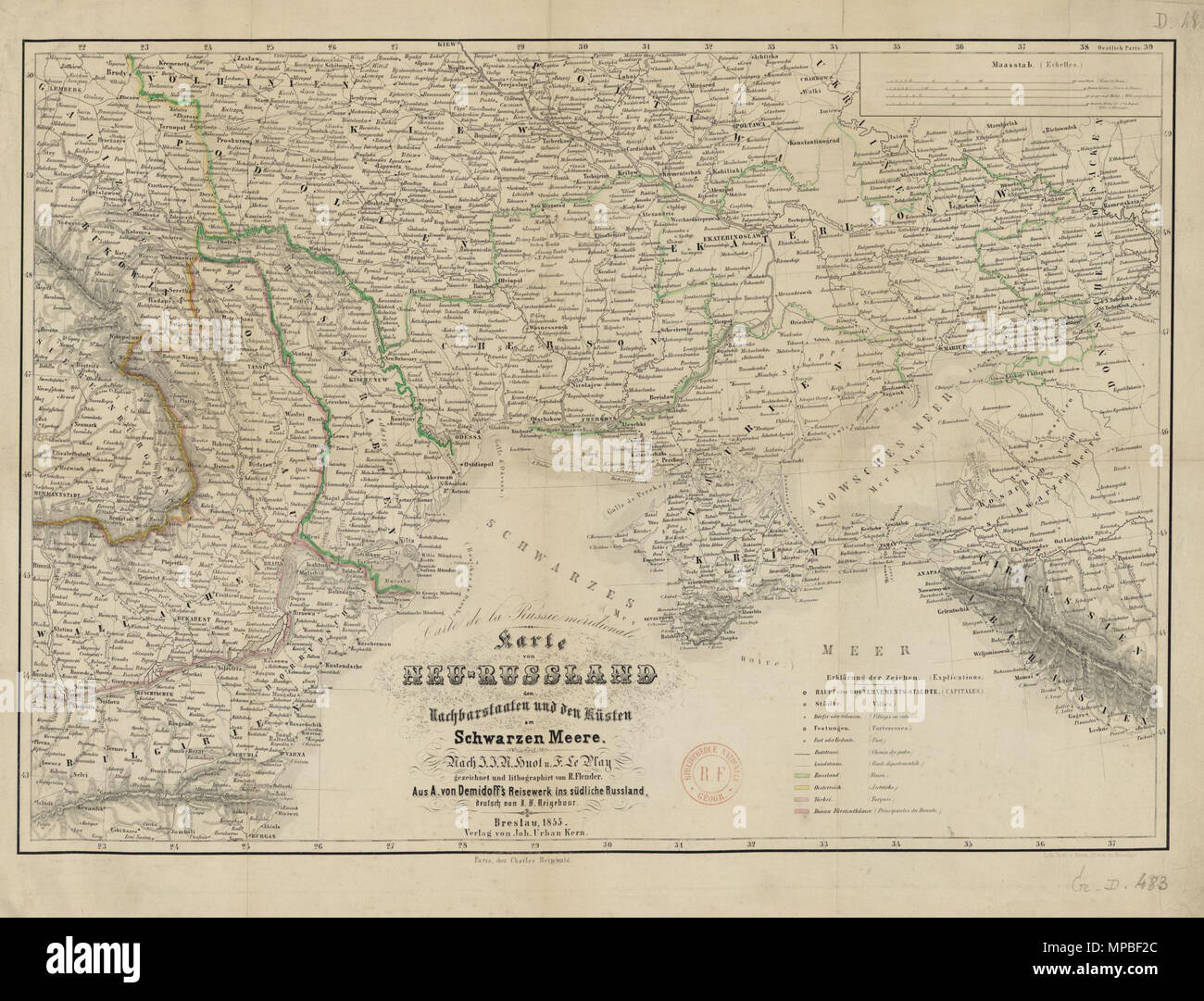 . Deutsch: Karte von Neu-Russland, den Nachbarstaaten und den Küsten am Schwarzen Meere/Herausgeber: J. U. Kern (Breslau). 55 x 40 см / J. J. N. Huot; und F. Le Play; gezeichnet... von R.Flender, Aus A. von Demidoff Reisewerke ins südliche Russland... Русский: карта Ново - России и соседних стран, побережья Черного моря. Карта из немецкого книги перевода "Путешествие по России югу графа Анатолия Демидова'. Издатель J. U. Kern (Breslau). 55 x 40 См. 1855. J. U. Kern (Breslau). / J. J. N. Huot; und F. Le Play; gezeichnet... von R.Flender, Aus A. von Demidoff Reisewerke ins südli Stockfoto