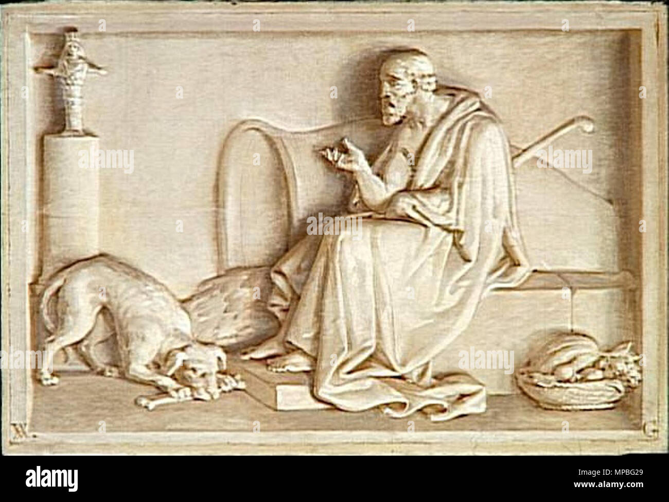 . Englisch: kynische Philosoph mit seinem Hund, von Nicolas Gosse (1787-1878) und Auguste Vinchon (1789-1855). Öl Gemälde zeigt eine illusionistische Entlastung in grisaille für Zimmer 7 des Musée Charles X, Louvre. . 1827. 927 Nicolas Gosse et Auguste Vinchon-Philosophe cynique Stockfoto