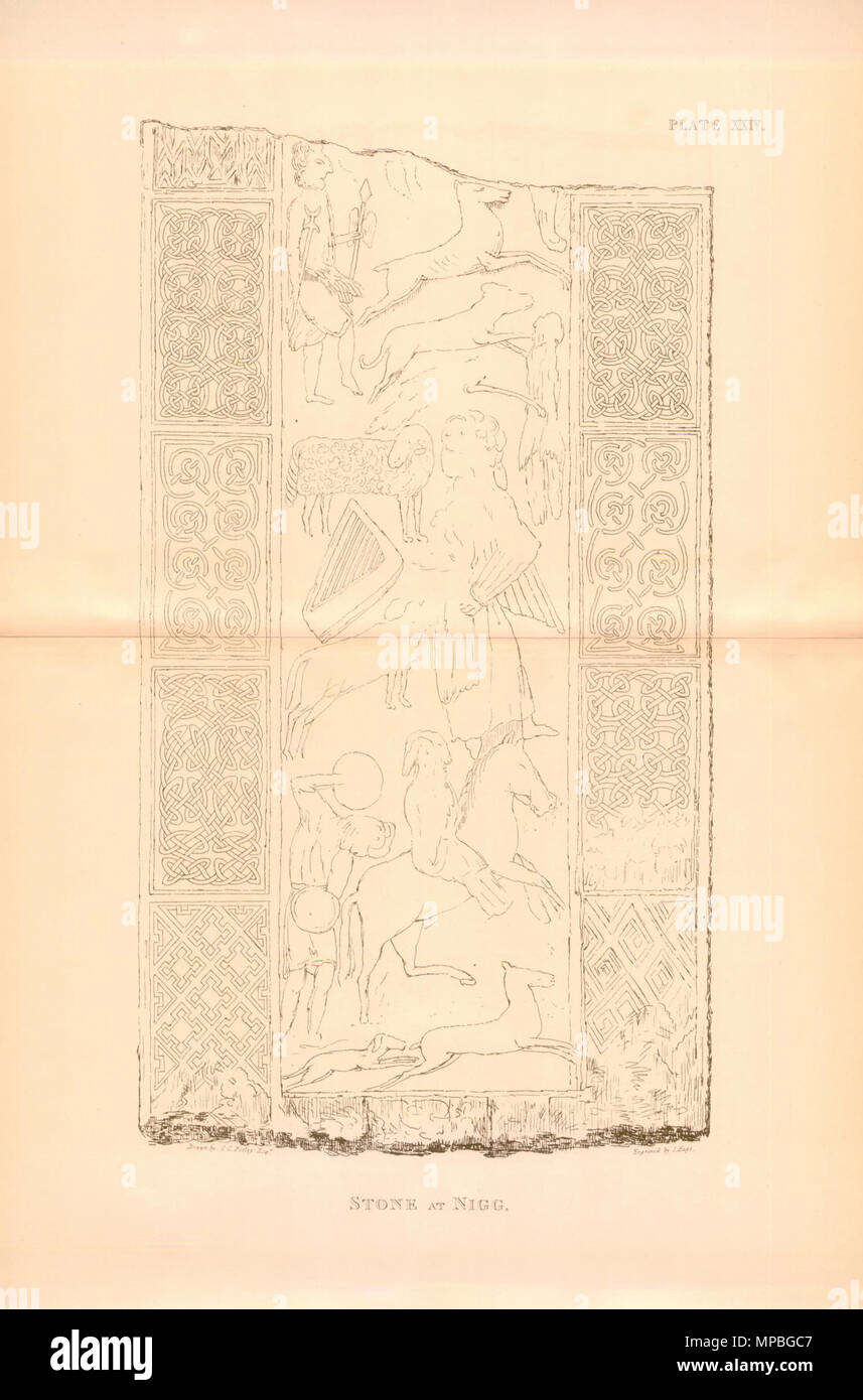 . Diese Platte wird von "Eine kurze Einige behauene Steine in Ross-shire, begleitet von einer Reihe von Outline Gravuren' von Charles Carter Petley und in Archaeologia Scotica, vol IV (1857) Beschreibung. ca. 1812 (1857 veröffentlicht). Charles Carter Petley (1780-1830) 928 NiggReverse Stockfoto