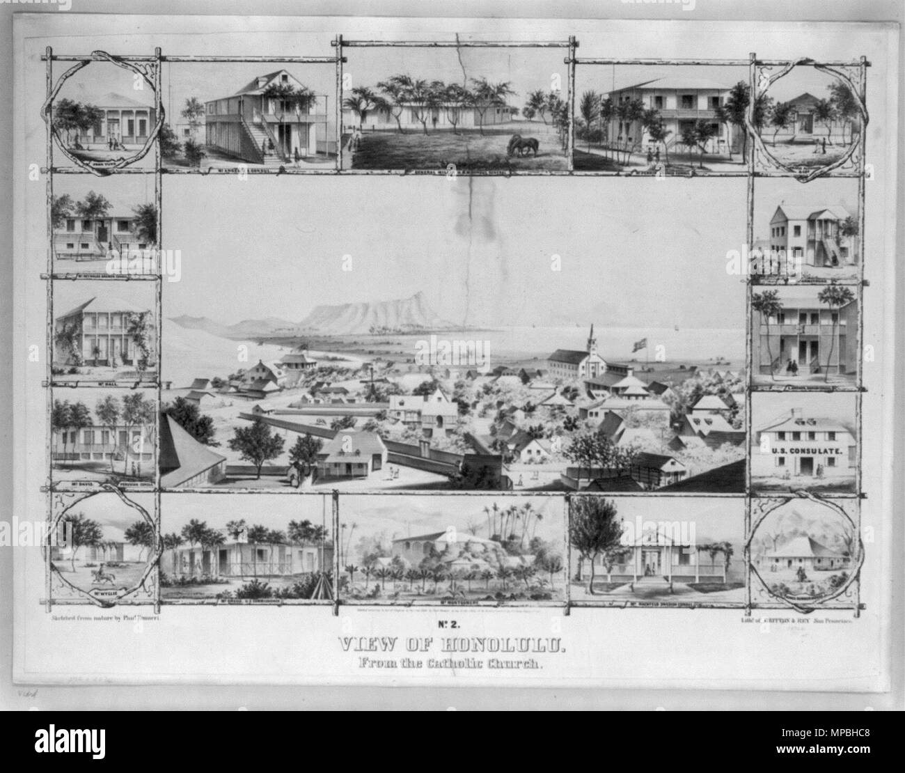 Englisch: Nr. 2. Blick auf Honolulu. Von der Katholischen Kirche. . Englisch: ein Blick auf verschiedene Residenzen und Konsulate in Honolulu, Hawaii, USA, von der Katholischen Kirche gesehen: (im Uhrzeigersinn von links oben) John Yung; Herr Engel, US-Konsul; General Miller, H.B.M. Allgemeine Counsul; Herr Perrin, der französische Konsul; Prinz Alexander und viele; Herr Armstrong; L. Anthon, der Dänische Konsul; US-Konsulat; King's Summer House; Herr Hackfield, Schwedische Konsul; Herr Montgomery; Herr Gregg, US-Kommissar; Herr Wyllie; Herr Davis, peruanische Konsul; Herr Hall; Herr Reynolds, Bremen Konsul. Warren Goodale (1897). "Honolulu, 1. Stockfoto Englisch: Nr. 2. Blick auf Honolulu. Von der Katholischen Kirche. . Englisch: ein Blick auf verschiedene Residenzen und Konsulate in Honolulu, Hawaii, USA, von der Katholischen Kirche gesehen: (im Uhrzeigersinn von links oben) John Yung; Herr Engel, US-Konsul; General Miller, H.B.M. Allgemeine Counsul; Herr Perrin, der französische Konsul; Prinz Alexander und viele; Herr Armstrong; L. Anthon, der Dänische Konsul; US-Konsulat; King's Summer House; Herr Hackfield, Schwedische Konsul; Herr Montgomery; Herr Gregg, US-Kommissar; Herr Wyllie; Herr Davis, peruanische Konsul; Herr Hall; Herr Reynolds, Bremen Konsul. Warren Goodale (1897). "Honolulu, 1. Stockfoto