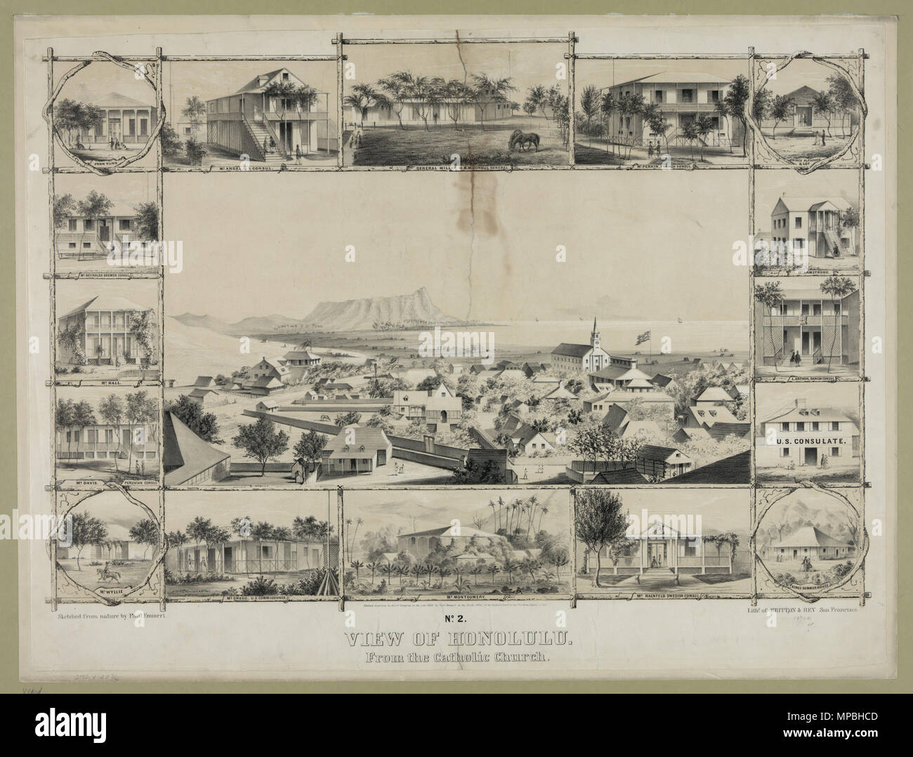 Englisch: Nr. 2. Blick auf Honolulu. Von der Katholischen Kirche. . Englisch: ein Blick auf verschiedene Residenzen und Konsulate in Honolulu, Hawaii, USA, von der Katholischen Kirche gesehen: (im Uhrzeigersinn von links oben) John Yung; Herr Engel, US-Konsul; General Miller, H.B.M. Allgemeine Counsul; Herr Perrin, der französische Konsul; Prinz Alexander und viele; Herr Armstrong; L. Anthon, der Dänische Konsul; US-Konsulat; King's Summer House; Herr Hackfield, Schwedische Konsul; Herr Montgomery; Herr Gregg, US-Kommissar; Herr Wyllie; Herr Davis, peruanische Konsul; Herr Hall; Herr Reynolds, Bremen Konsul. Warren Goodale (1897). "Honolulu, 1. Stockfoto Englisch: Nr. 2. Blick auf Honolulu. Von der Katholischen Kirche. . Englisch: ein Blick auf verschiedene Residenzen und Konsulate in Honolulu, Hawaii, USA, von der Katholischen Kirche gesehen: (im Uhrzeigersinn von links oben) John Yung; Herr Engel, US-Konsul; General Miller, H.B.M. Allgemeine Counsul; Herr Perrin, der französische Konsul; Prinz Alexander und viele; Herr Armstrong; L. Anthon, der Dänische Konsul; US-Konsulat; King's Summer House; Herr Hackfield, Schwedische Konsul; Herr Montgomery; Herr Gregg, US-Kommissar; Herr Wyllie; Herr Davis, peruanische Konsul; Herr Hall; Herr Reynolds, Bremen Konsul. Warren Goodale (1897). "Honolulu, 1. Stockfoto