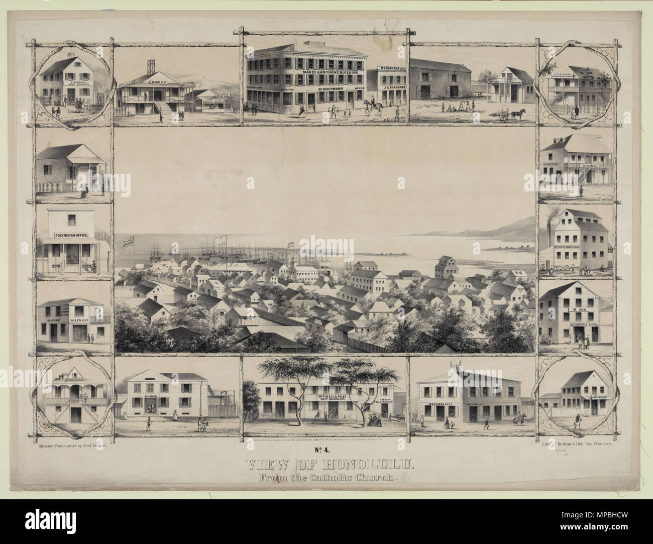 . Englisch: Nr. 4. Blick auf Honolulu. Von der Katholischen Kirche. Von Paul Emmert, Lithographie von Britton & Rey, San Francisco, 1854. Warren Goodale (1897). "Honolulu 1853'. Papiere der Hawaiischen historischen Gesellschaft. Hawaiian historischen Gesellschaft. . Ca. 1853. Paul Emmert (1826 - 1867) Alternative Namen Paul Emert Beschreibung Schweizer Maler Geburtsdatum / Tod 1826 1867 Ort der Geburt / Todes Bern, Schweiz, Honolulu, Hawaii, Vereinigte Staaten von Amerika arbeiten Zeitraum 1845 - 1867 Standort New York, Kalifornien, Hawaii Authority control: Q 7150498 VIAF: 96548212 ULAN: 500116954 932 Stockfoto