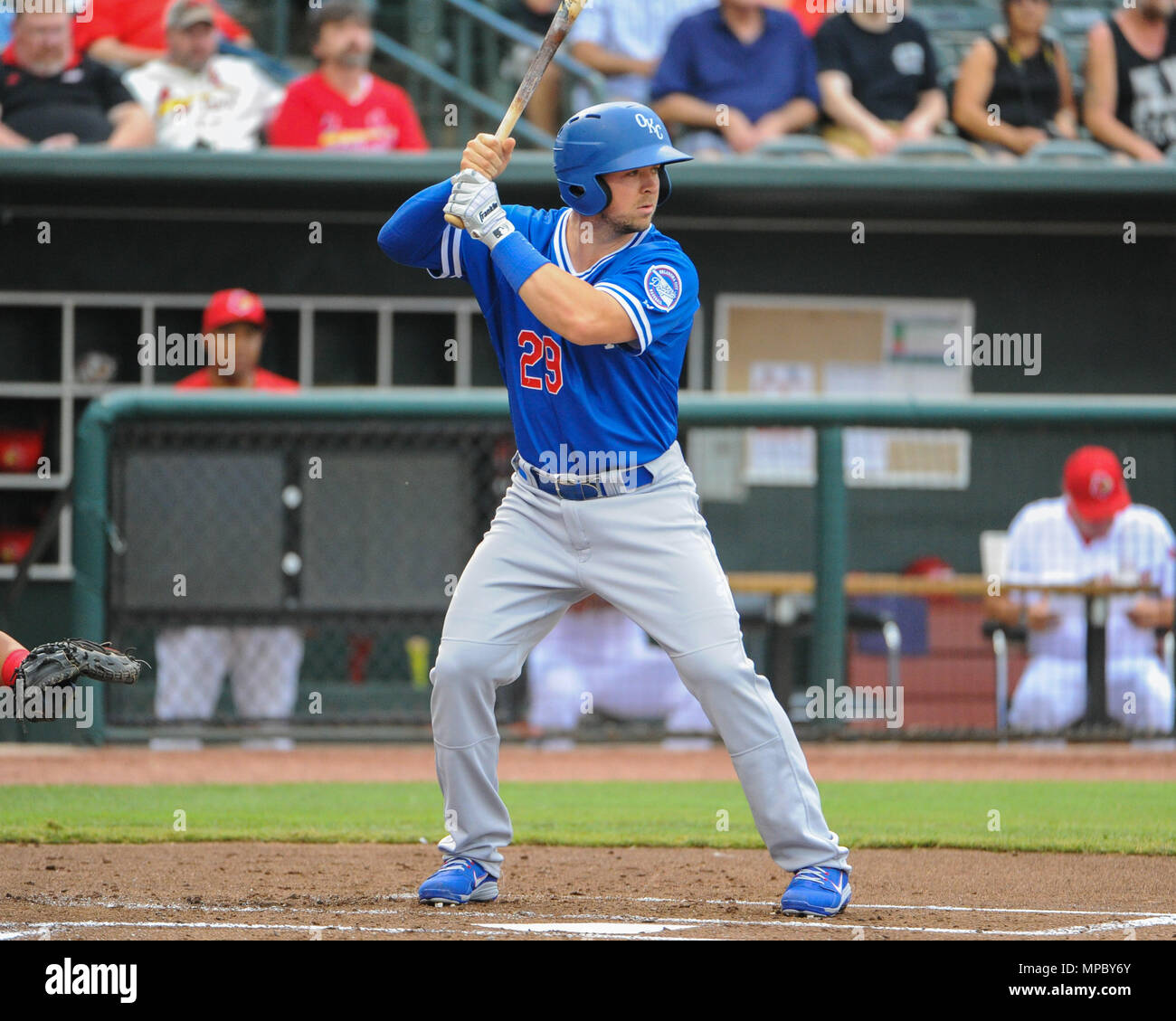 Auto Zone Park. 21 Mai, 2018. TN, USA; Schwindler infielder, Kyle Bauer (29), at bat Während der Pacific Coast League Triple-A-Baseballspiel im Auto Zone Park. Memphis besiegt Oklahoma City, 2-1. Kevin Lanlgey/CSM/Alamy leben Nachrichten Stockfoto