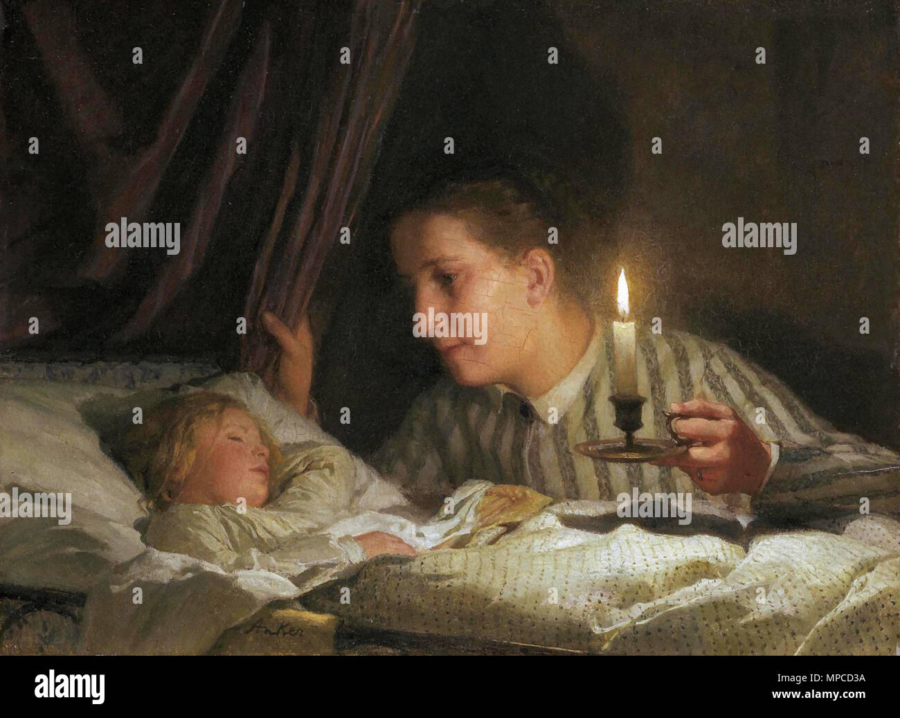 Anker Albert - Junge Mutter bei Kerzenlicht Ihr schlafendes Art betrachtend Stockfoto