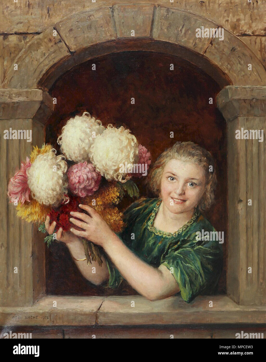 Bache Otto - ein junges Mädchen mit einem großen Blumenstrauß aus Chrysanthemen in einer Nische Stockfoto