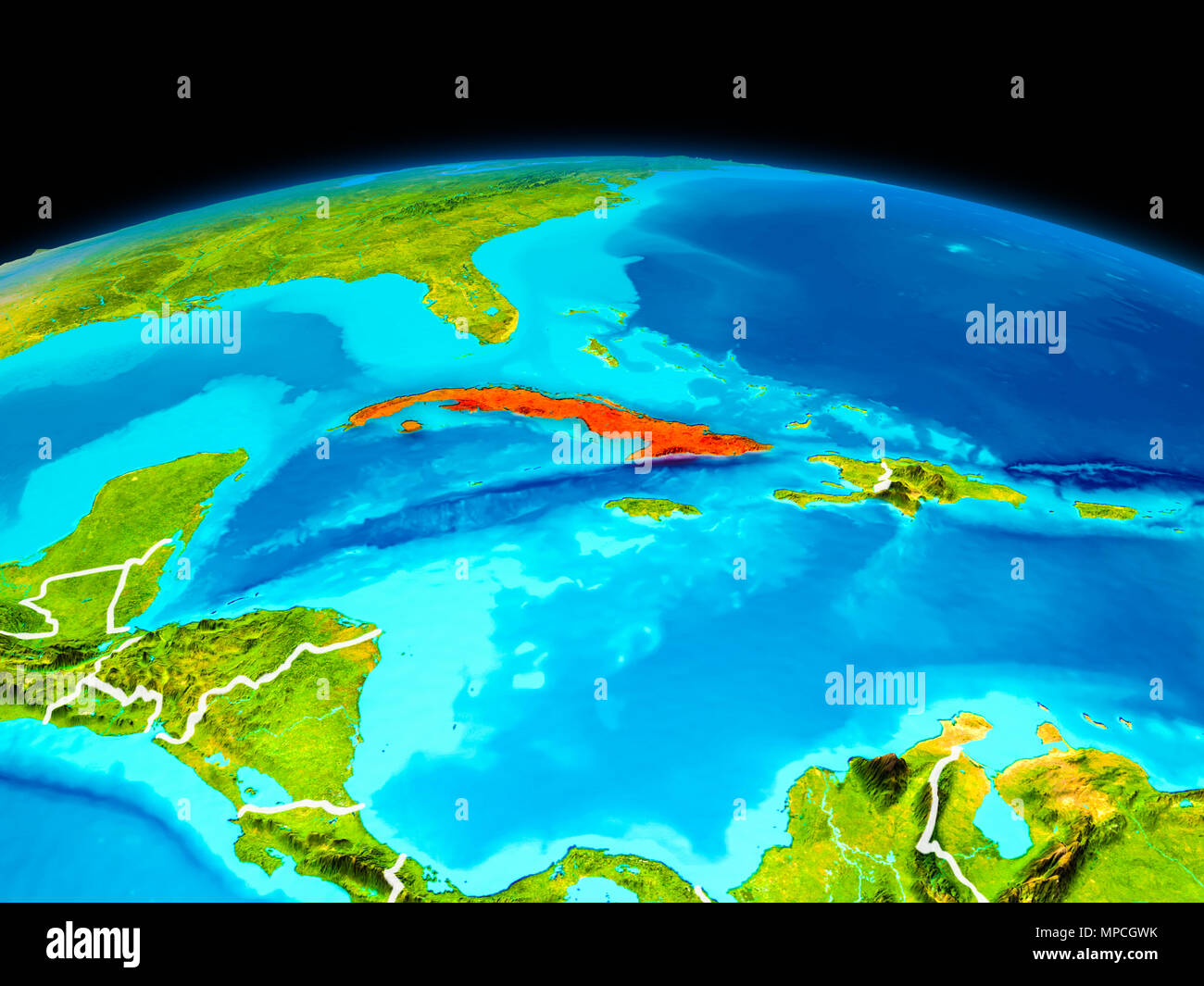 Satellitenansicht von Kuba in Rot hervorgehoben auf dem Planeten Erde mit Grenzen. 3D-Darstellung. Elemente dieses Bild von der NASA eingerichtet. Stockfoto