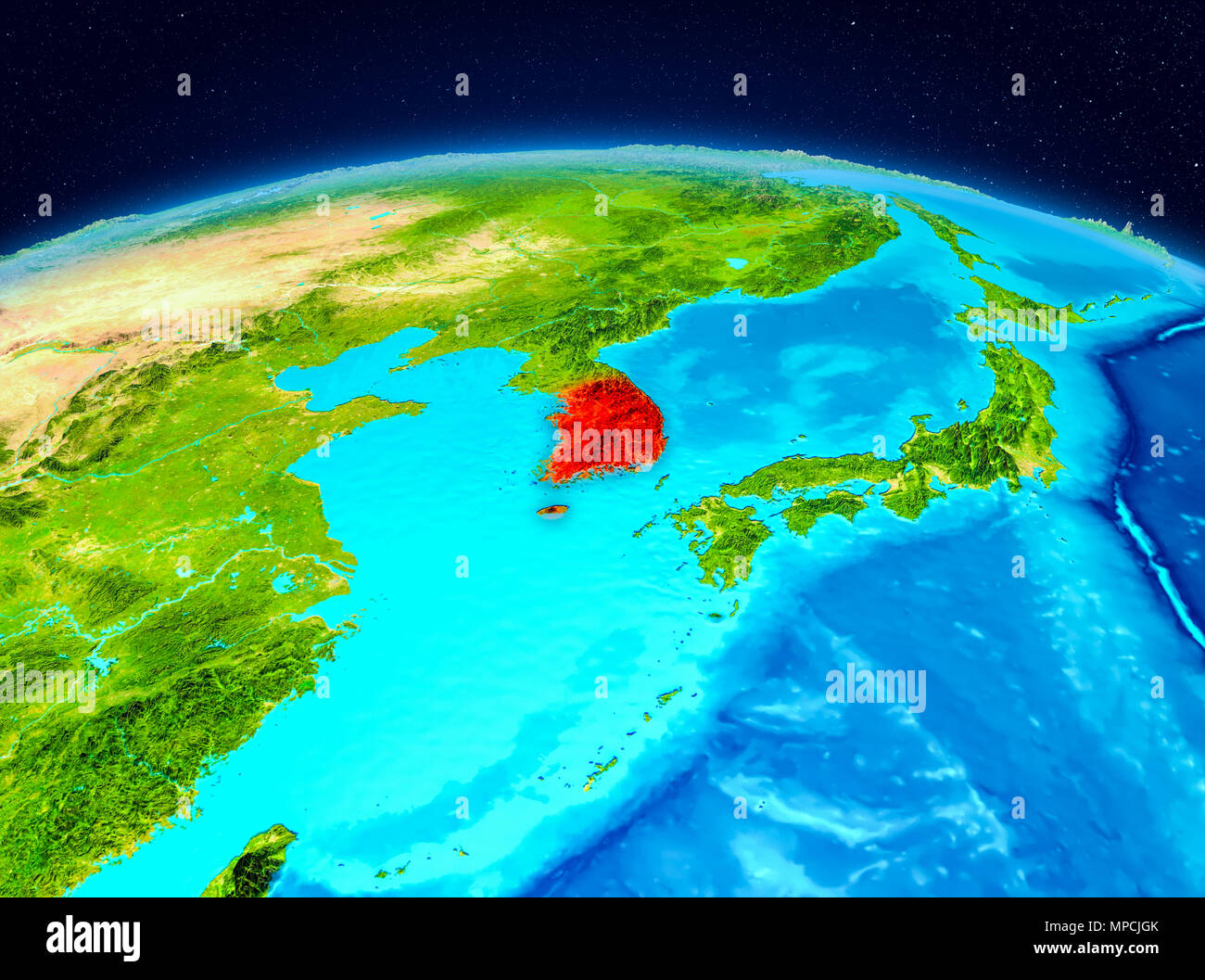Satellitenansicht von Südkorea in Rot hervorgehoben auf dem Planeten Erde. 3D-Darstellung. Elemente dieses Bild von der NASA eingerichtet. Stockfoto