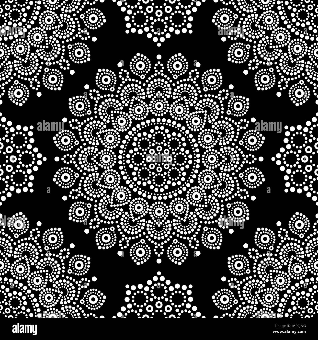 Dot painting monochromen Vector nahtlose Muster mit Mandalas, Australische ethnische Design, Aboriginal dots Muster in Weiß Stock Vektor