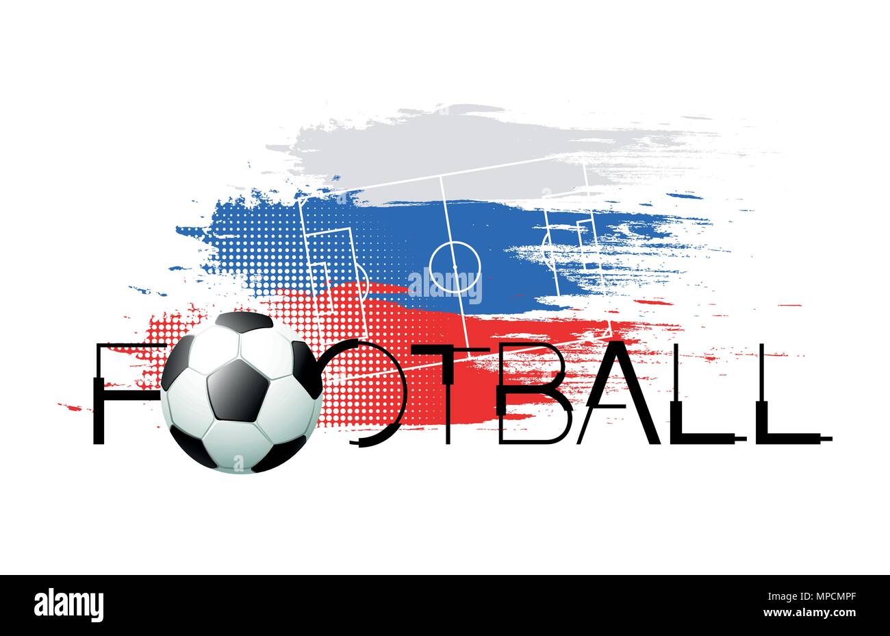 2018 Fußball-Hintergrund mit realistischen Fußball, abstrakte Russische Fahne und Fußballplatz. Vector Illustration. Stock Vektor