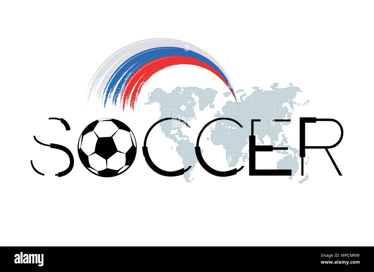 2018 Fußball-Hintergrund mit abstrakten Fußball, gepunktete Weltkarte und russische Flagge. Flache Bauform. Vector Illustration ohne Transparenz und gradi Stock Vektor