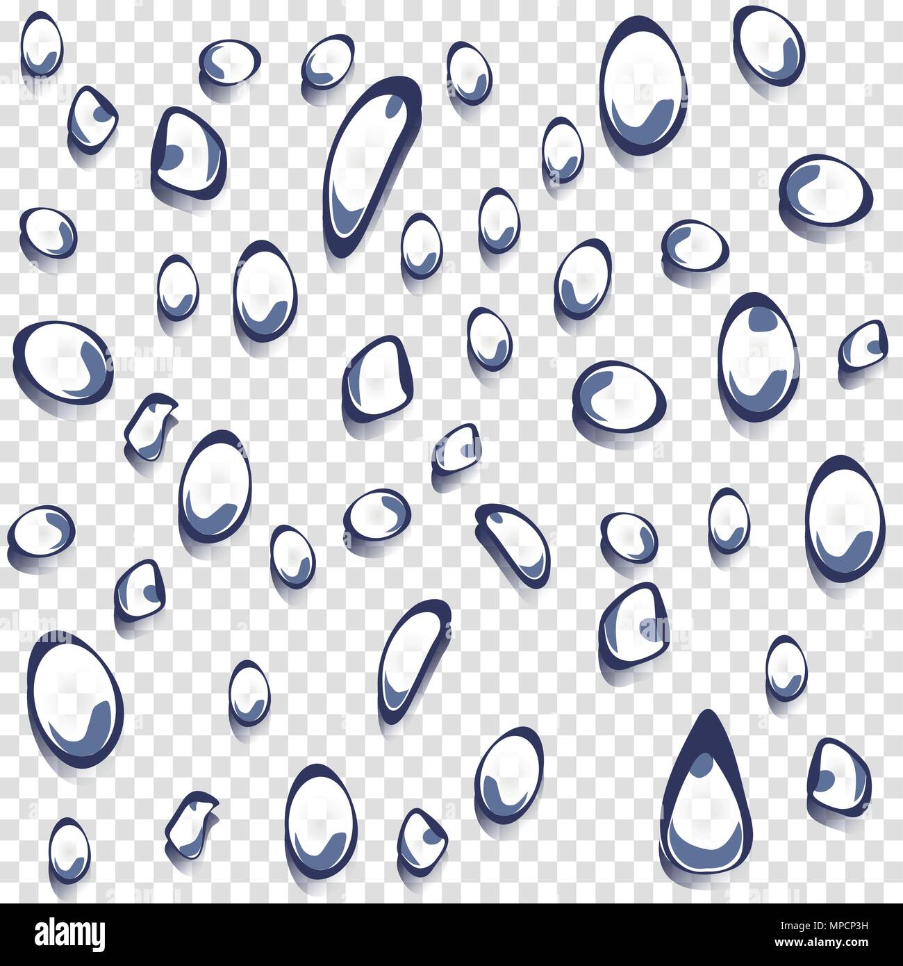 Isolierte Wasser Tropfen mit Transparenz grauen und weißen rechteckigen Raster. Regentropfen Vector Illustration Collection. Makro Regen fällt auf Fensterglas - Vektor Il Stock Vektor