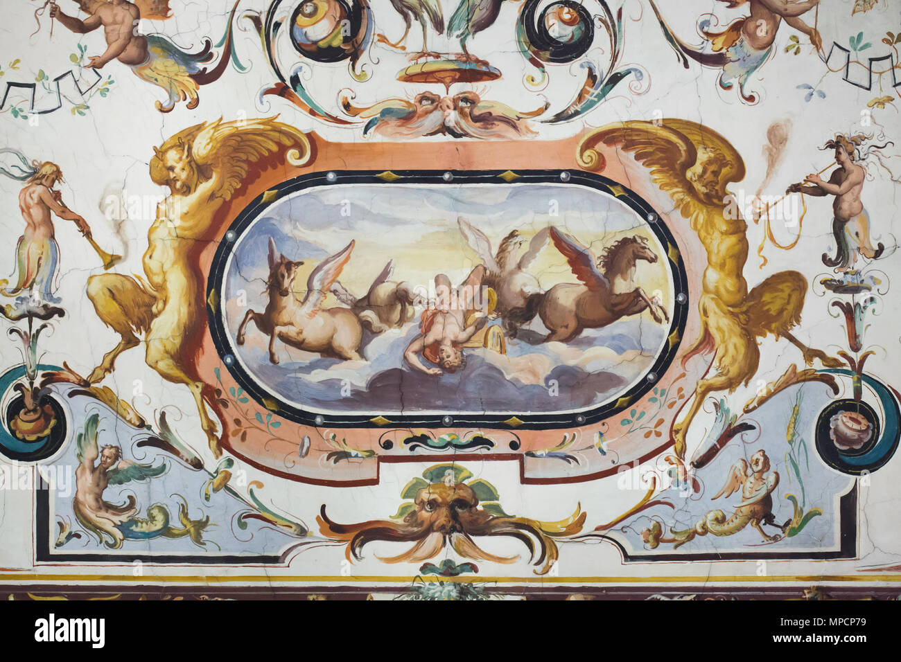 Der Fall des Phaethon. Deckenfresko im Vasari Korridor in den Uffizien (Galleria degli Uffizi) in Florenz, Toskana, Italien. Stockfoto