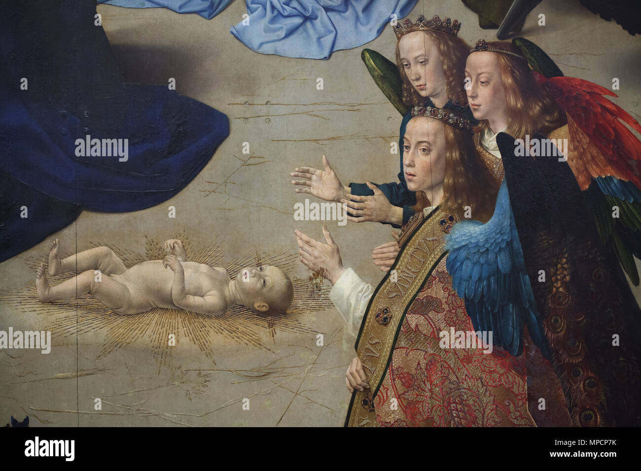 Die Anbetung der Engel im zentralen Bereich des Portinari altarbild dargestellt (1476-1478) von der flämischen Maler Hugo van der Renaissance geht auf Anzeige in den Uffizien (Galleria degli Uffizi) in Florenz, Toskana, Italien. Stockfoto