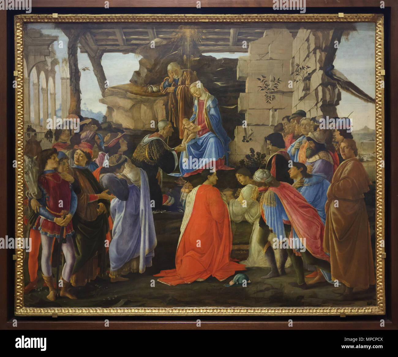 Gemälde "Anbetung der Könige" durch die italienische Renaissance Maler Sandro Botticelli aus der Zeit um 1475 datiert, die in den Uffizien (Galleria degli Uffizi) in Florenz, Toskana, Italien. Stockfoto