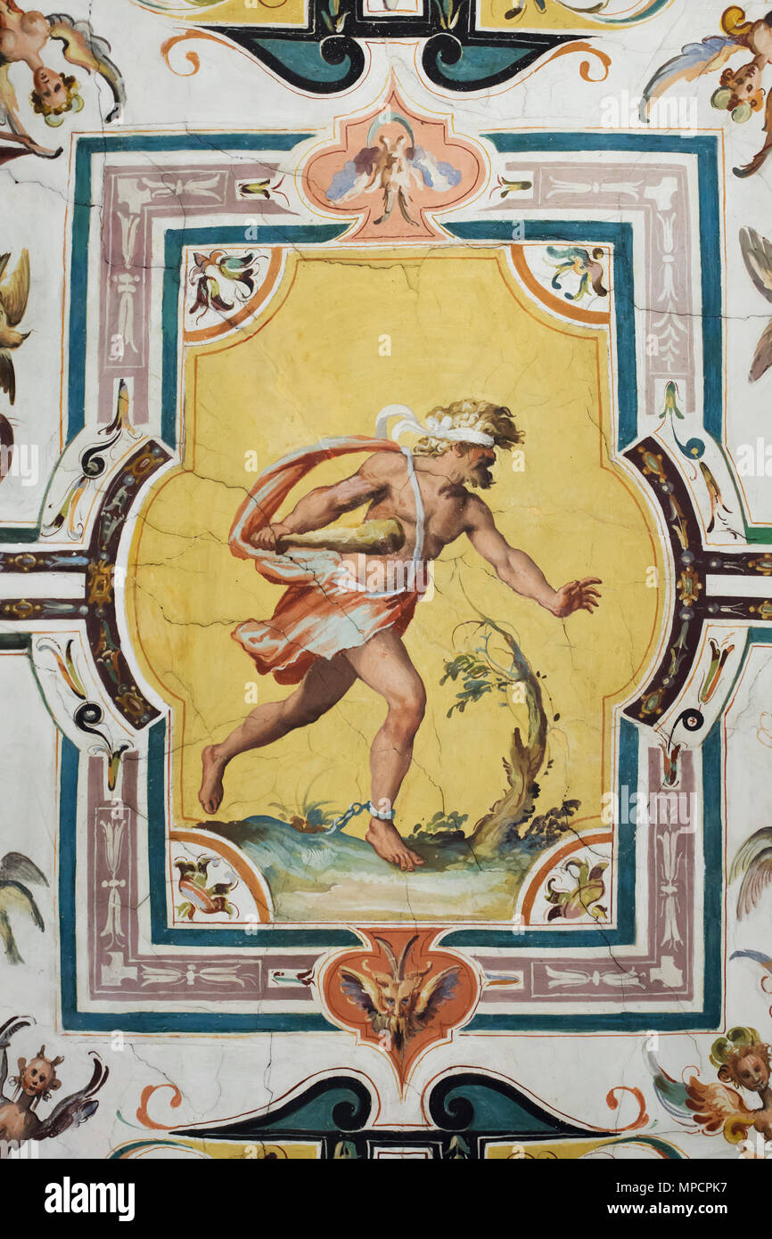 Blinden Samson. Deckenfresko im Vasari Korridor in den Uffizien (Galleria degli Uffizi) in Florenz, Toskana, Italien. Stockfoto
