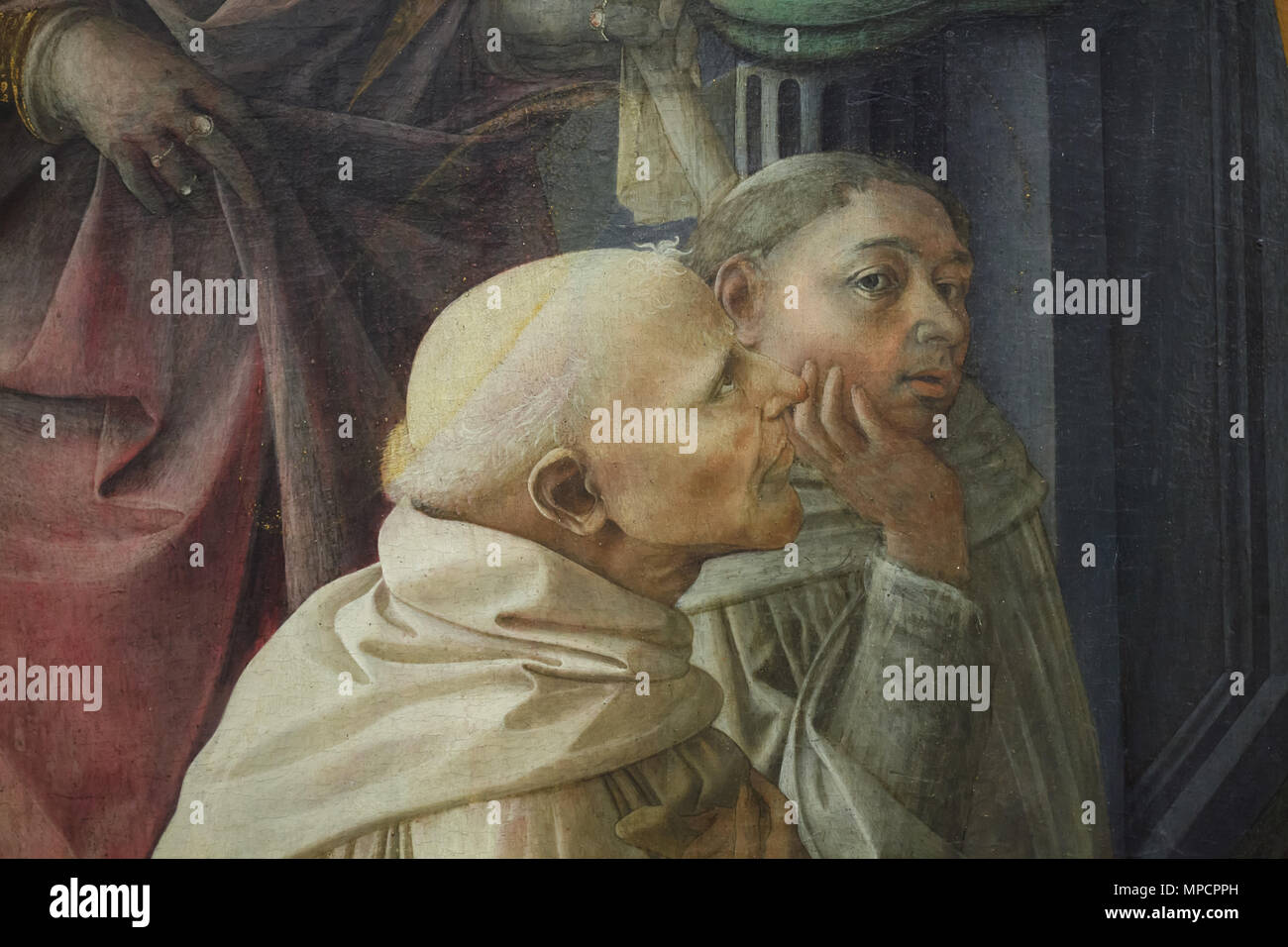 Selbstportrait der italienischen Renaissance Maler Filippo Lippi (R) und Portrait von donator Francesco Maringhi (L) auf dem Gemälde dargestellt "Krönung der Jungfrau" von Filippo Lippi von ca. 1439-1447 auf der Anzeige in den Uffizien datiert (Galleria degli Uffizi) in Florenz, Toskana, Italien. Stockfoto