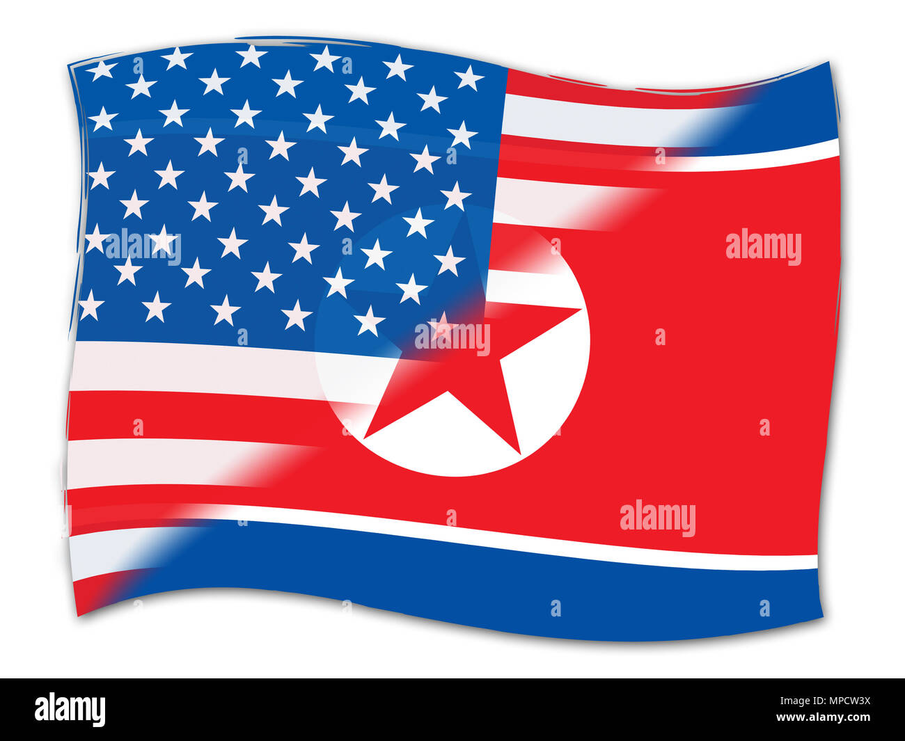 Nordkorea und USA Abkommen Flag 3d-Abbildung. Zeigt die Krise oder Handel und Bedrohung zwischen Pjöngjang und Trump Stockfoto