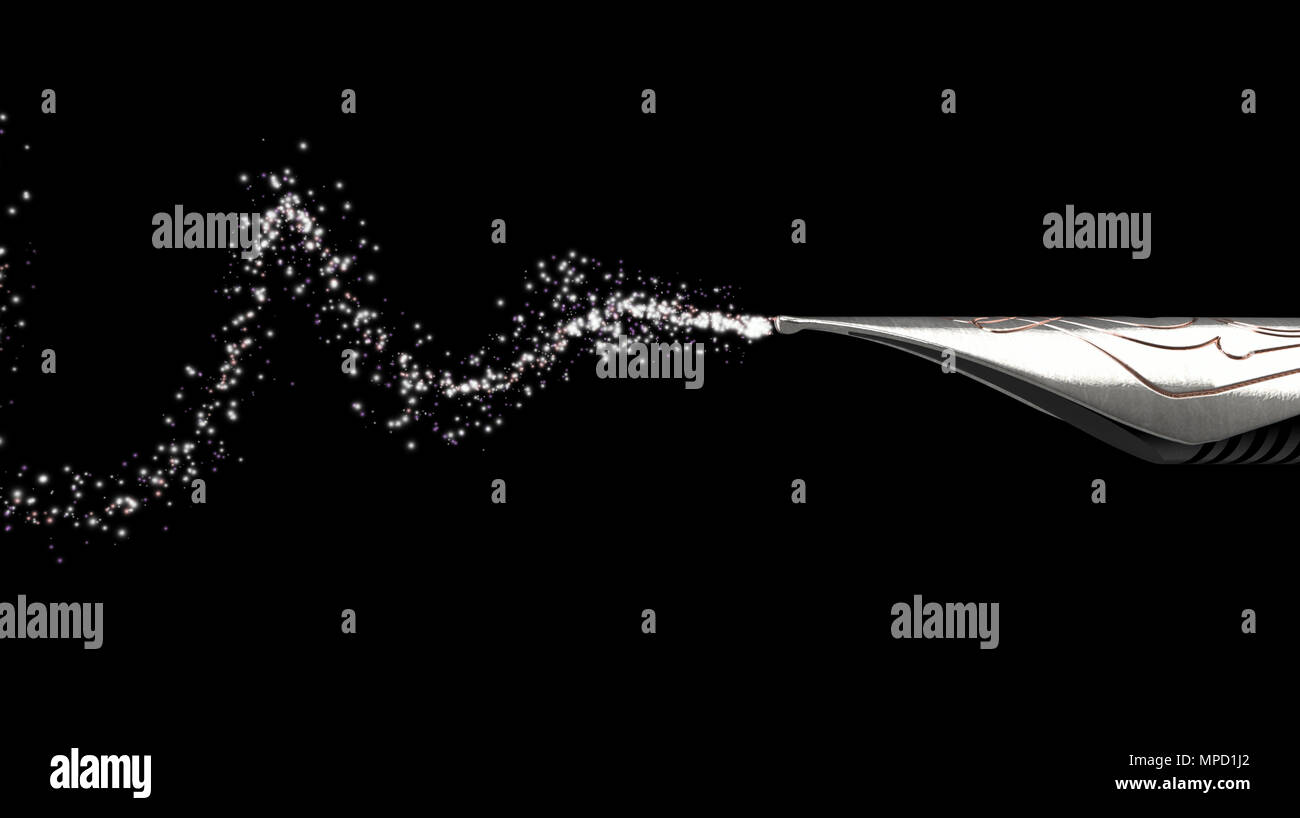Eine Nahaufnahme von einem reich verzierten Metall nib eines alten Füllfederhalter Zeichnung eine spiralförmige Form der funkelt in der Luft - 3D-Rendering Stockfoto