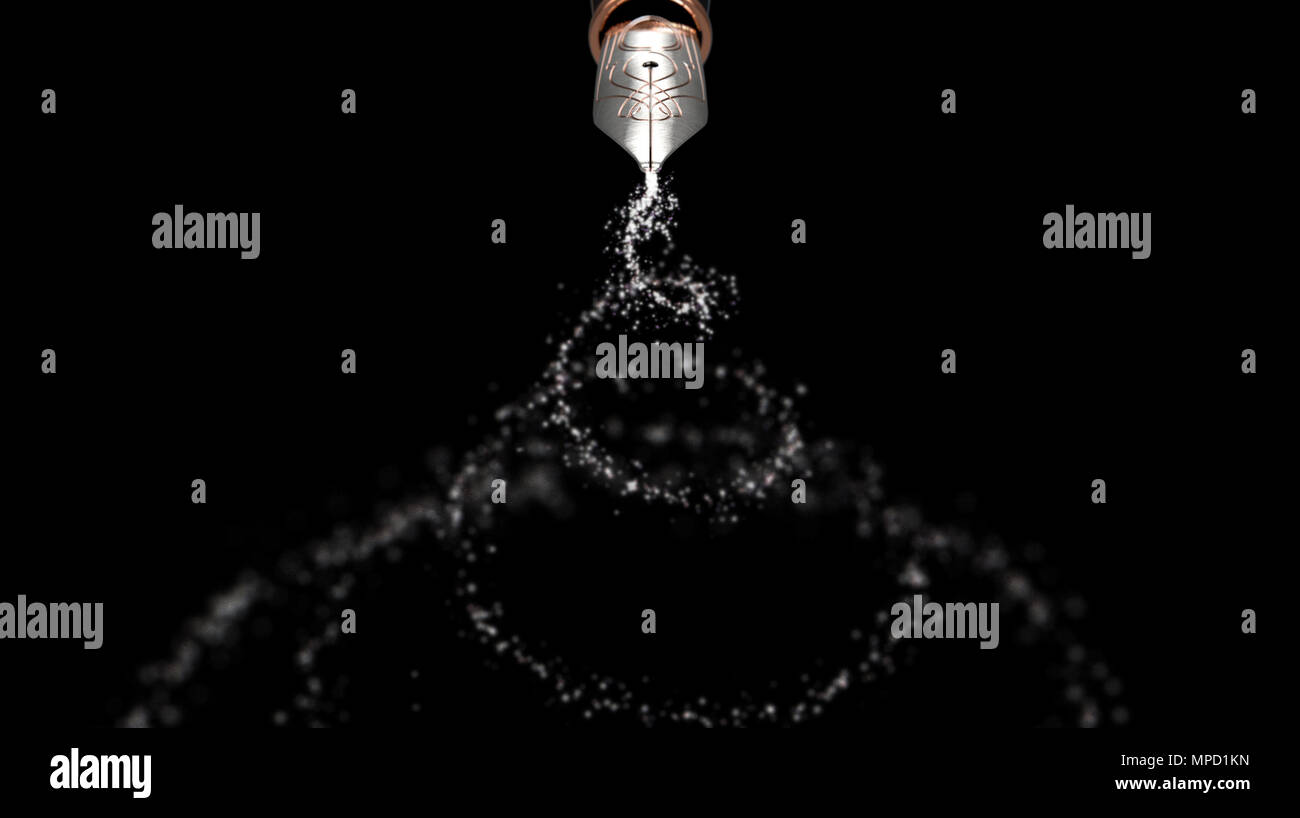 Eine Nahaufnahme von einem reich verzierten Metall nib eines alten Füllfederhalter Zeichnung eine spiralförmige Form der funkelt in der Luft - 3D-Rendering Stockfoto