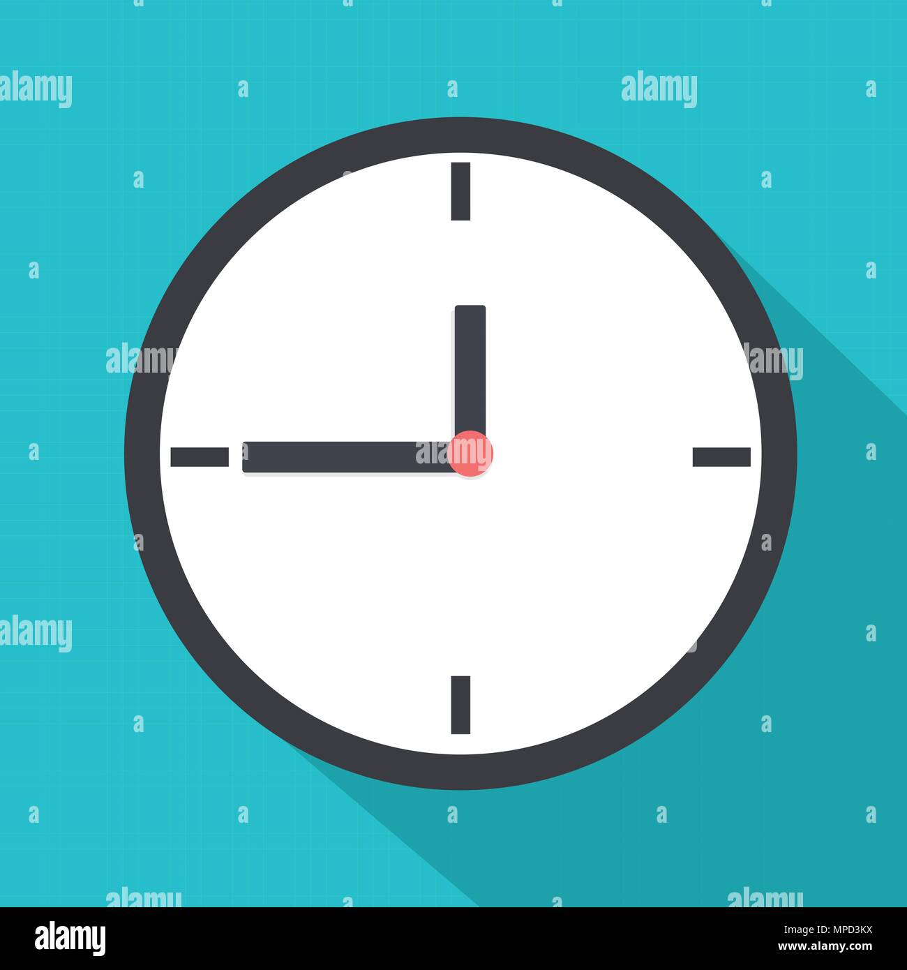 Flache Uhr mit langen Schatten und blauem Hintergrund Vector Illustration. Symbol Zeit isolierten Hintergrund Stock Vektor