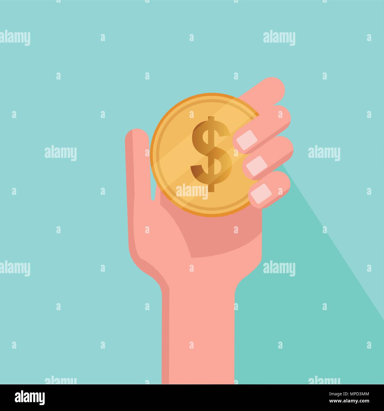 Flache hand Holding Münze mit blauen Hintergrund Vector Illustration. Trading online Konzept. Stock Vektor