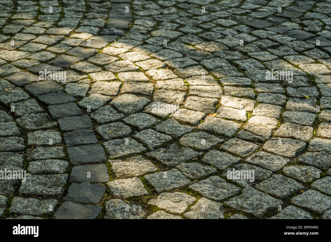 Jahrgang alte Pflasterung sett closeup teilweise durch die Sonne Licht in Kattowitz, dem Schlesischen Hochland, Polen beleuchtet. Stockfoto