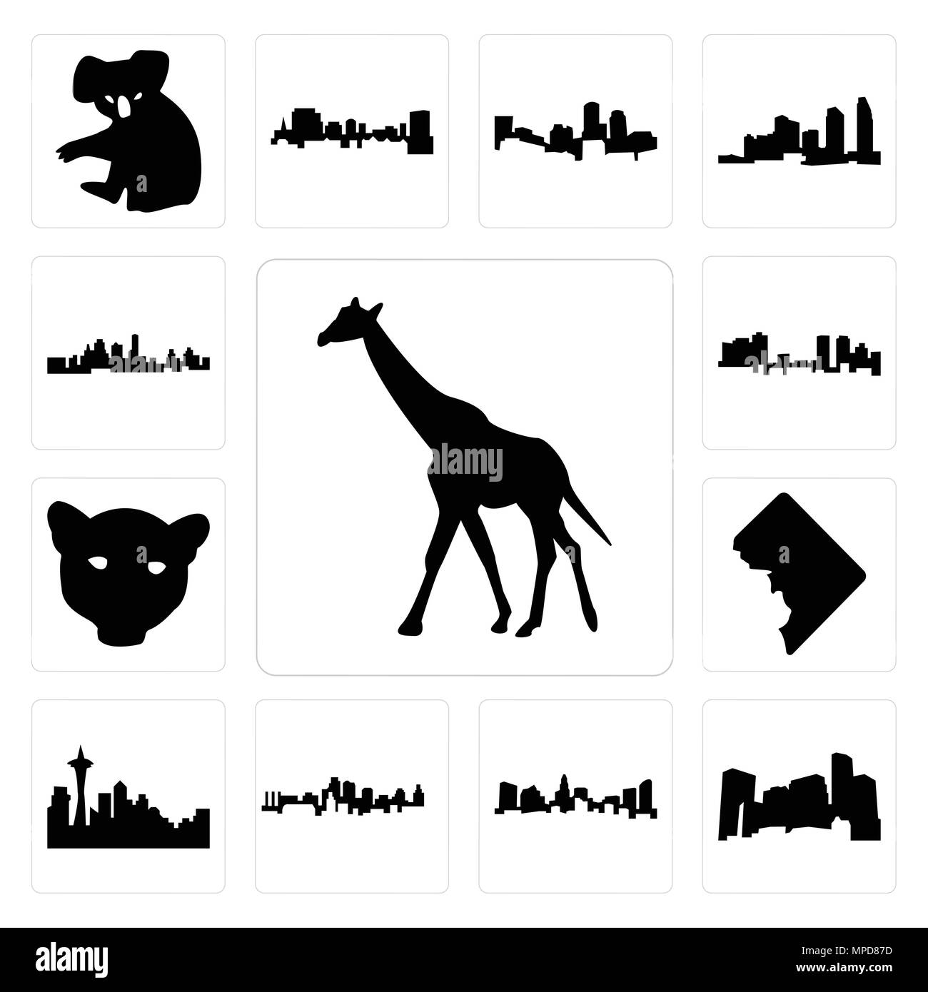 Satz von 13 Einfache editierbare Ikonen wie Giraffe, Minnesota, Charlotte Skyline, Kansas City seattle Skyline auf weißem Hintergrund,, dc, Jaguar Gesicht kann Stock Vektor