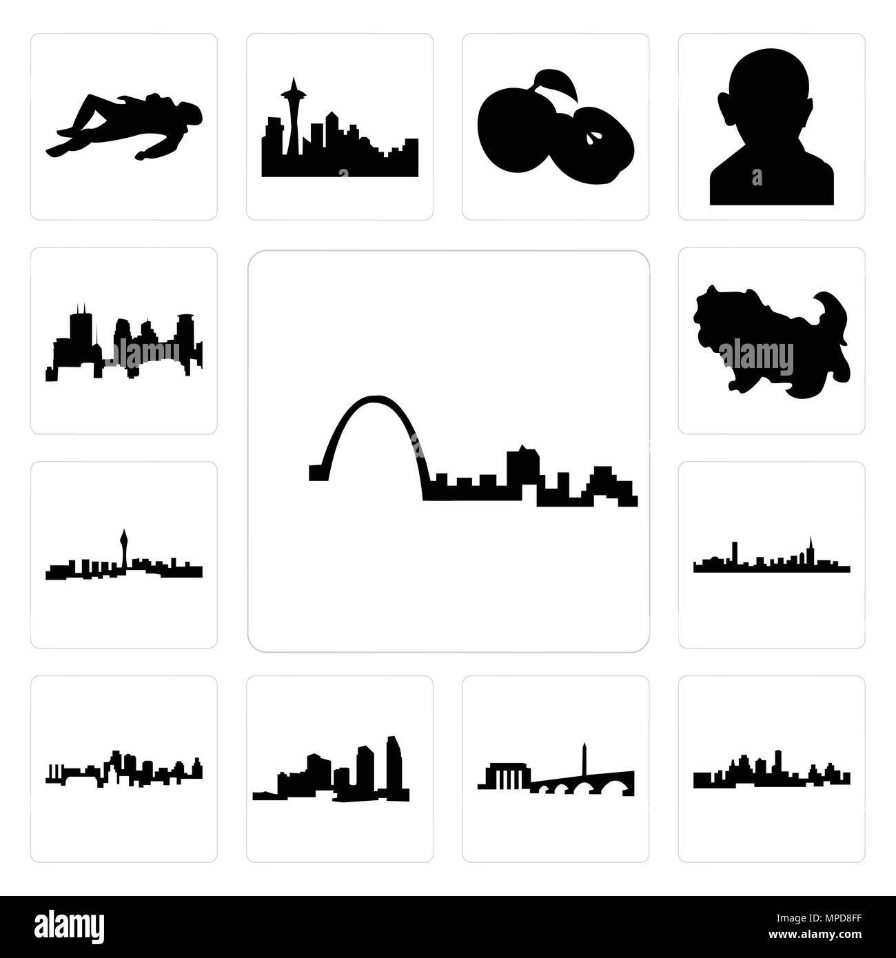 Satz von 13 Einfache editierbare Ikonen wie St. Louis, Kansas City Skyline dc Long Island, Boston Skyline auf weißem Hintergrund, können für mobile, Web verwendet werden. Stock Vektor