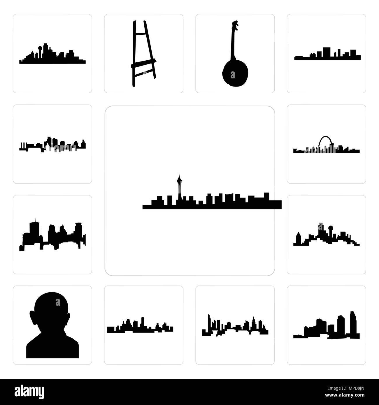 Satz von 13 Einfache editierbare Ikonen wie Skyline von Las Vegas, Long Island, Charlotte Kansas City Gandhi, Skyline von Dallas auf weißem Hintergrund, können verwendet werden. Stock Vektor