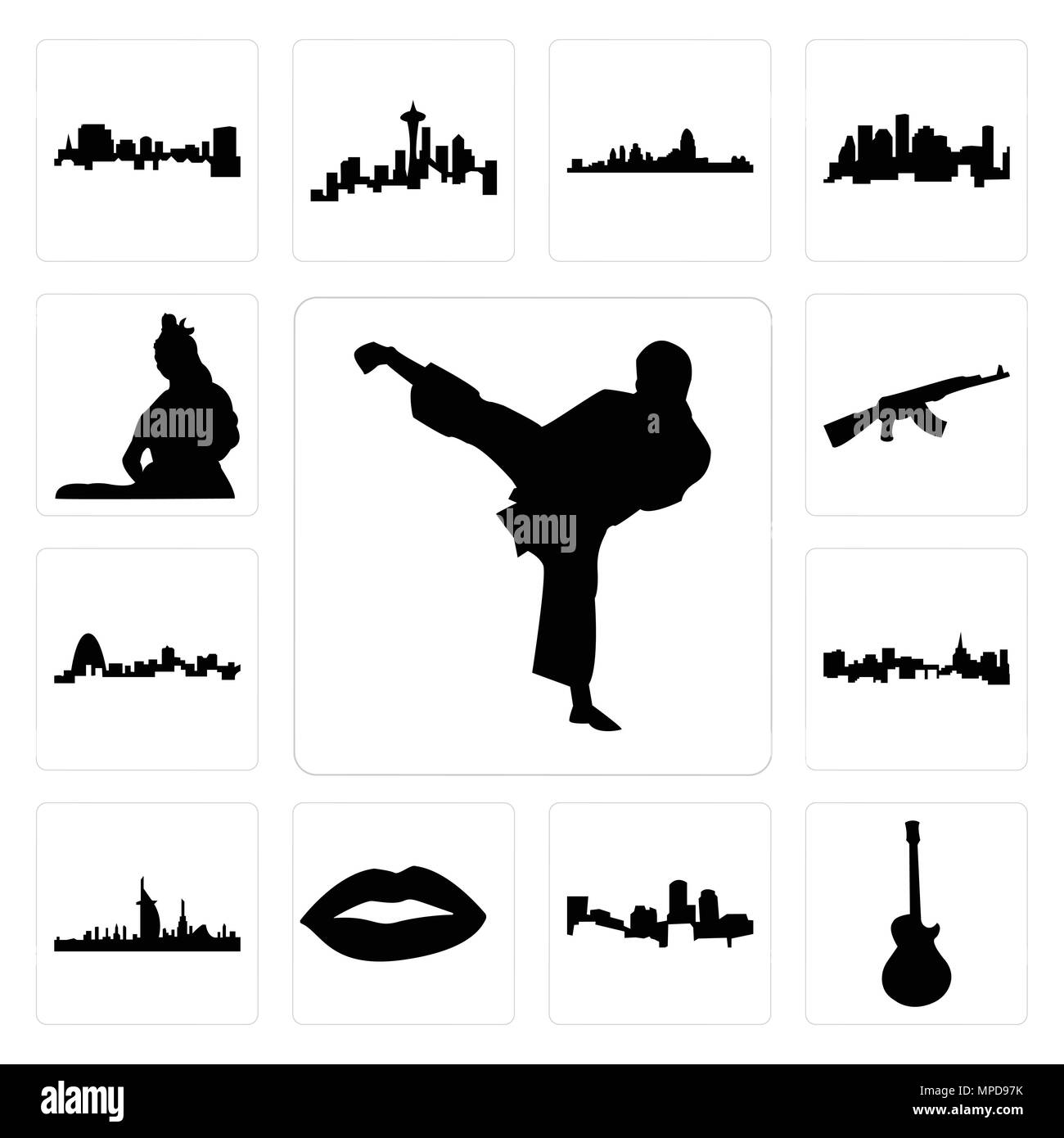 Satz von 13 Einfache editierbare Ikonen wie Karate Kick, Bild Les Paul, Boston Skyline auf weißem Hintergrund, der Lippen, der Skyline von Dubai, st paul Hintergrund, Ca Stock Vektor