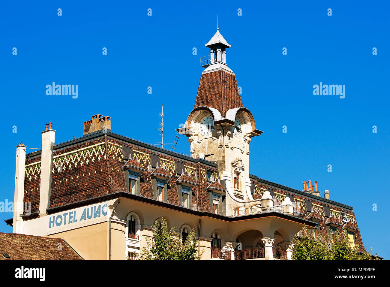 Lausanne, Schweiz - 26. August 2018: Clock Tower von touristischen Info Center in Lausanne, Schweiz Stockfoto