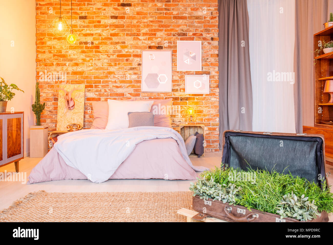 Warme Schlafzimmer mit dekorativen Grünpflanzen in vintage Koffer Stockfoto