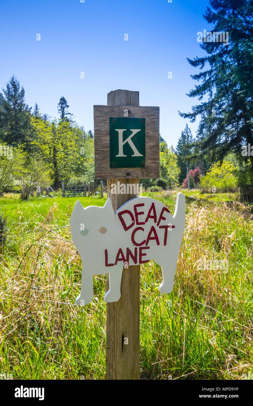 'Deaf Cat Lane" (Warnhinweis), Hornby Island, BC, Kanada. Stockfoto