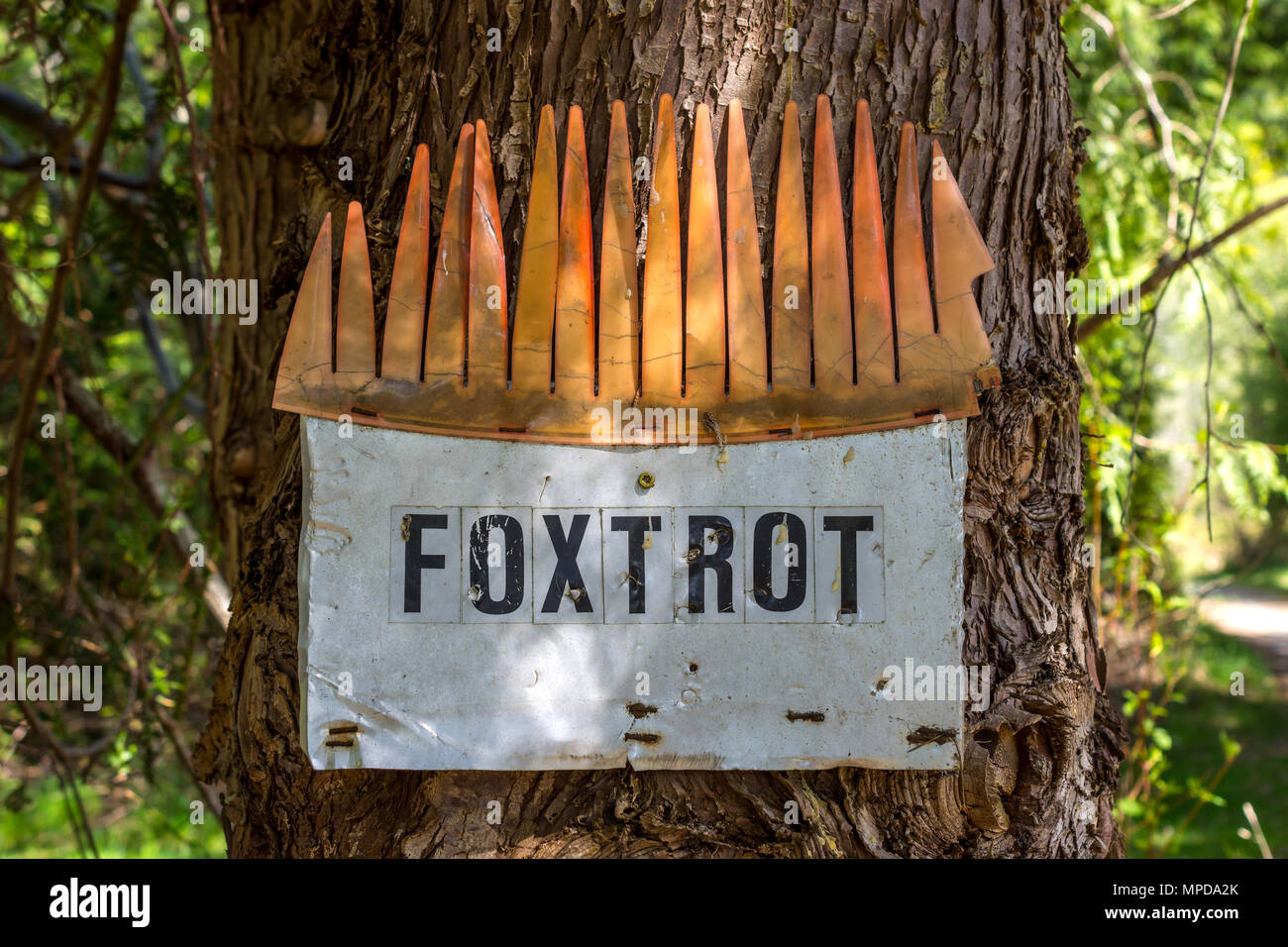 'Foxtrot' Haus Name sign, Hornby Island, BC, Kanada. Stockfoto
