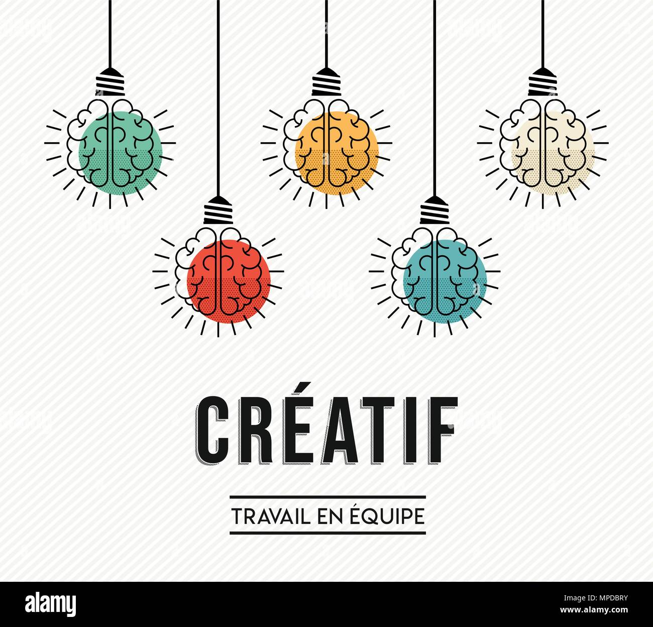 Kreative Teamarbeit modernes Design in französischer Sprache mit menschlichen Gehirnen als bunte Lampe Licht, business Kreativität Konzept. EPS 10 Vektor. Stock Vektor