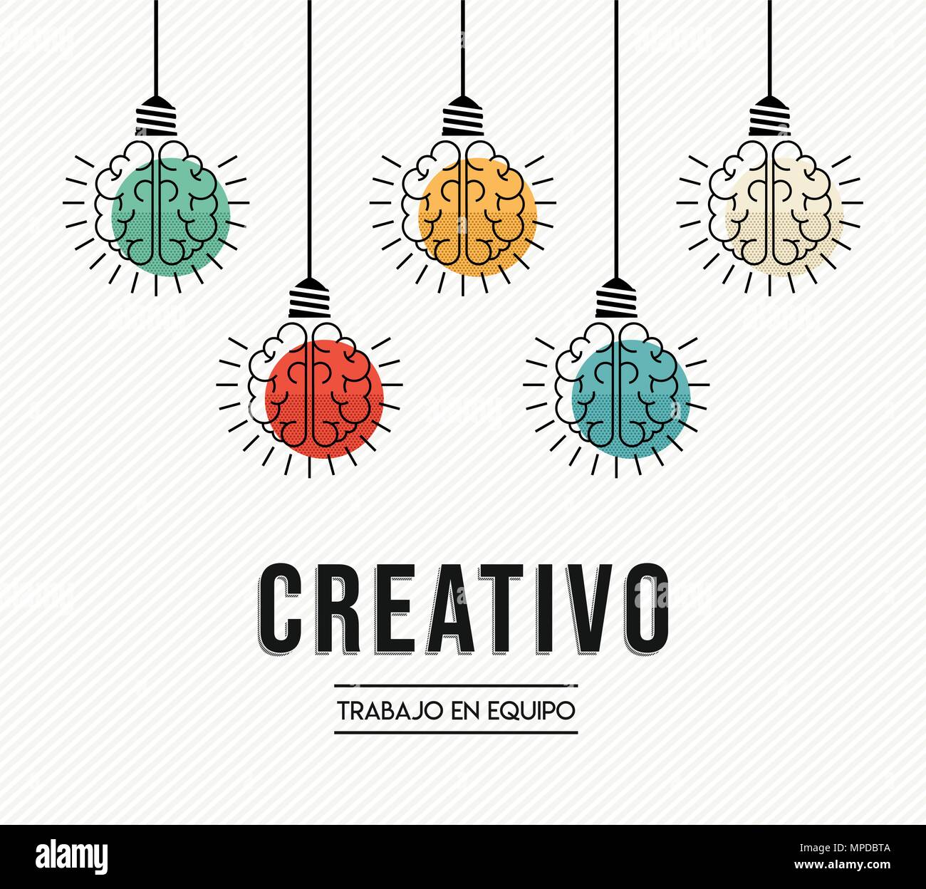 Kreative Teamarbeit modernes Design in spanischer Sprache mit menschlichen Gehirnen als bunte Lampe Licht, business Kreativität Konzept. EPS 10 Vektor. Stock Vektor