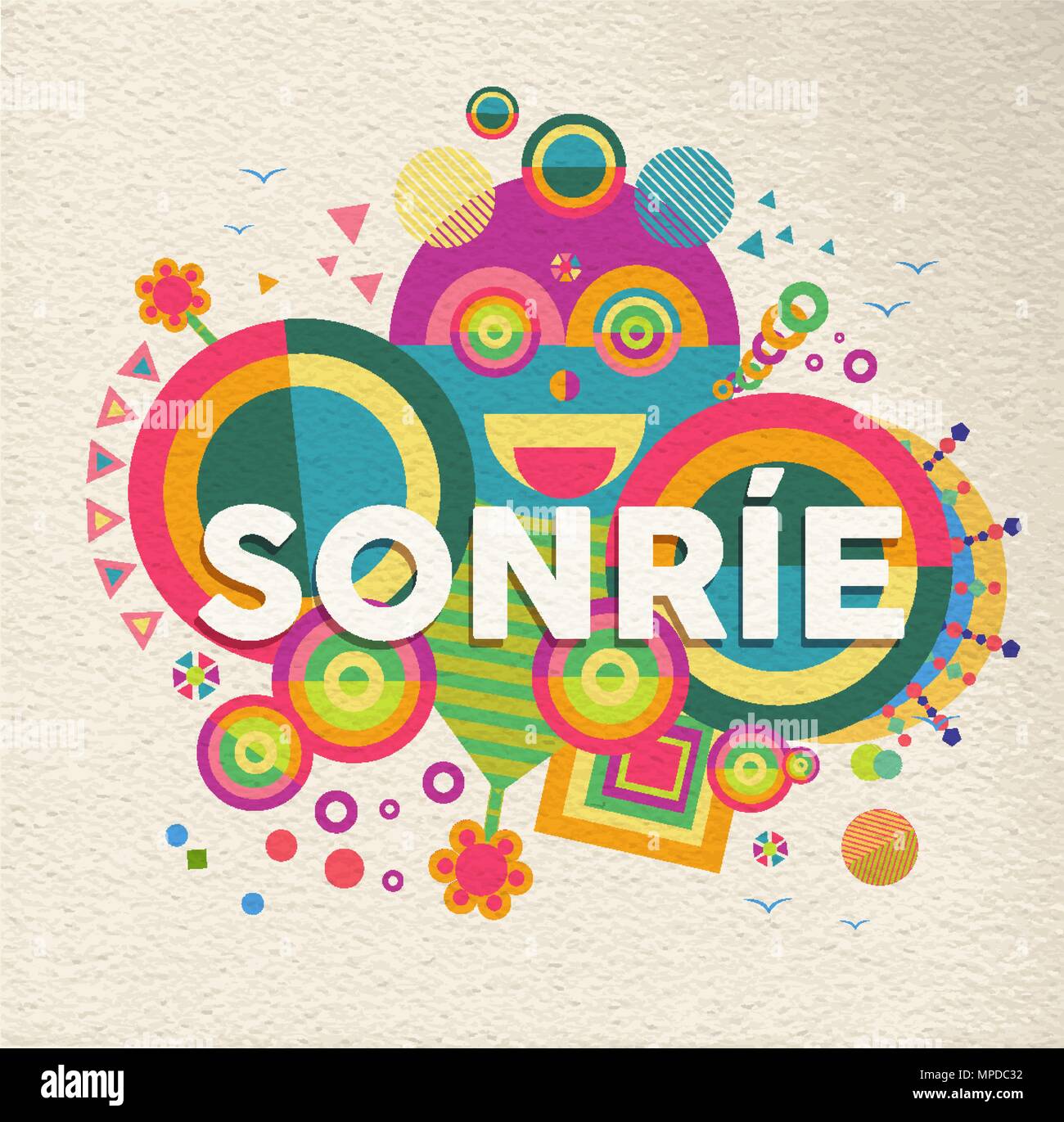 Smile bunte Typografie Plakat in spanischer Sprache. Positive Motivation Zitat Design mit Papier Textur Hintergrund. EPS 10 Vektor. Stock Vektor