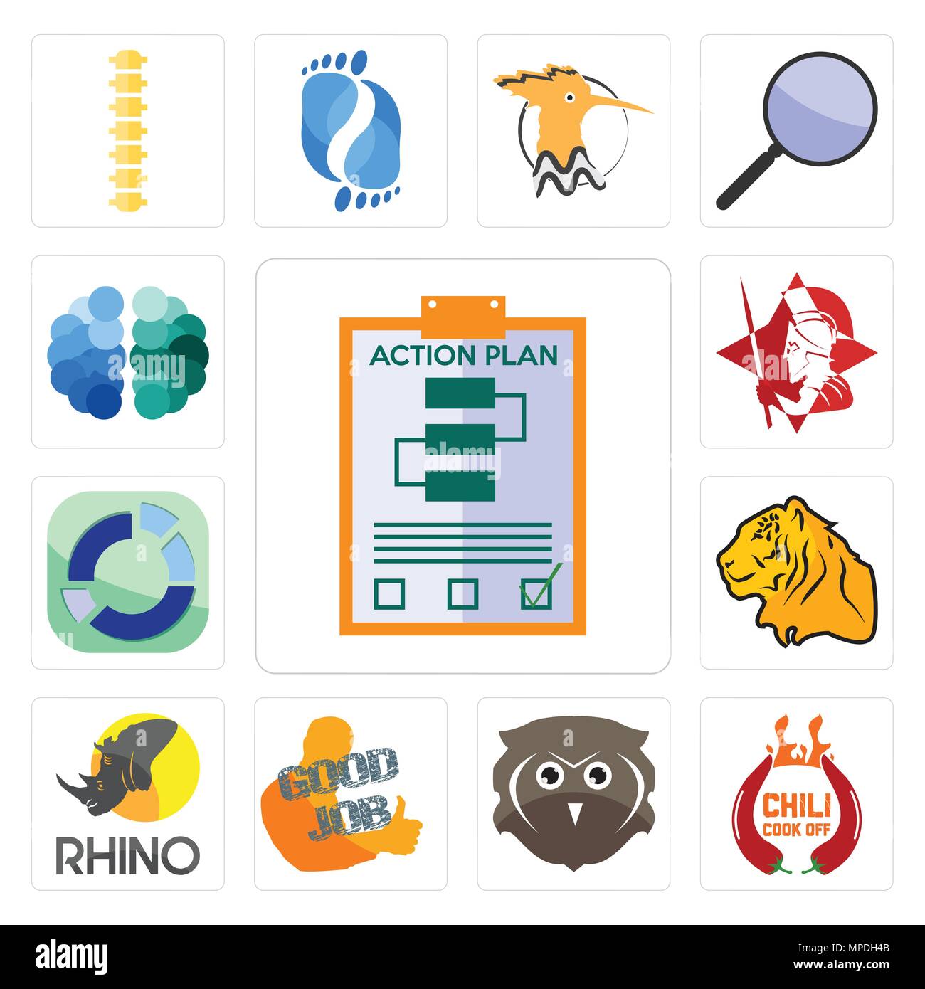 Satz von 13 Einfache editierbare Ikonen wie Aktionsplan, Chili kochen, kostenloser Eule, guter Job, Nashorn, Tiger, Sektor, spartanisch, Gehirn kann für mobile verwendet werden, Stock Vektor