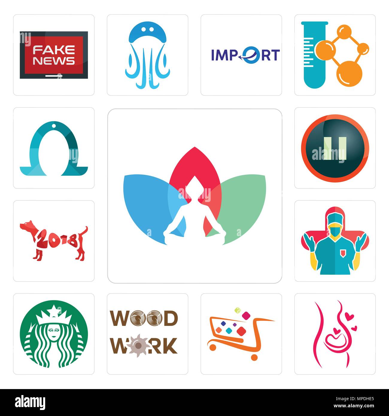 Satz von 13 Einfache editierbare Ikonen wie Chakra, Schwangerschaft, Supermarkt, Holzarbeiten, Starbucks, Chirurg, Jahr des Hundes, Pause, Hufeisen können f verwendet werden. Stock Vektor