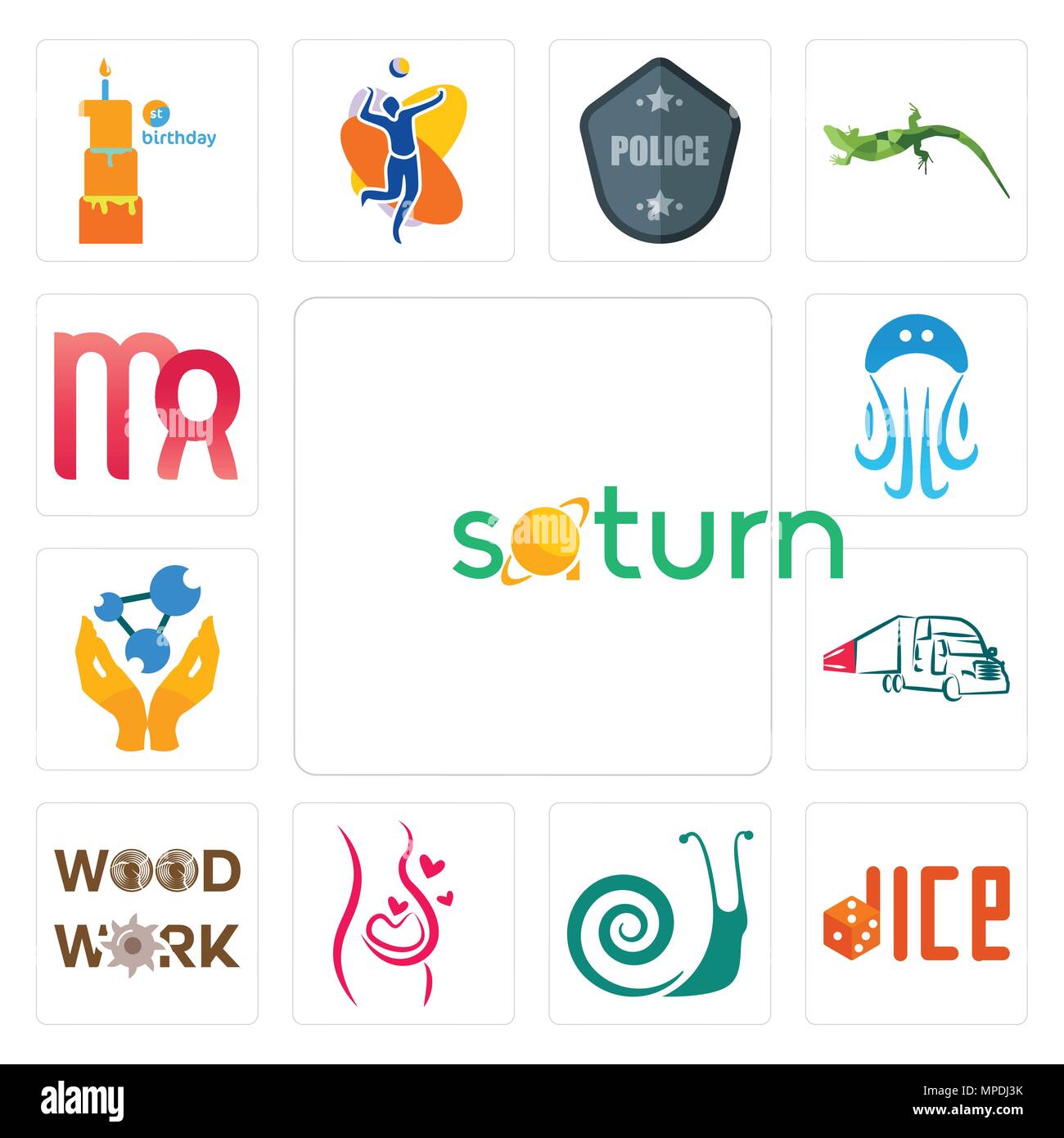 Satz von 13 Einfache editierbare Ikonen wie Saturn, Würfel, Schnecken, Schwangerschaft, Holzarbeiten, Lkw, Chemiker, Quallen, Jungfrau kann für mobile verwendet werden, wir Stock Vektor