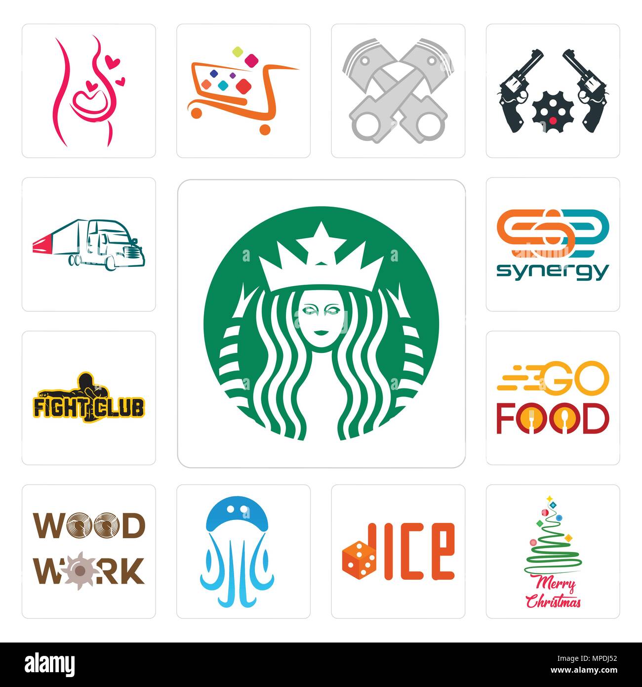 Satz von 13 Einfache editierbare Ikonen wie Starbucks, frohe Weihnachten, Würfel, Quallen, Holzarbeiten, gehen Essen, fight club, Synergy, LKW-Unternehmen verwendet werden kann. Stock Vektor
