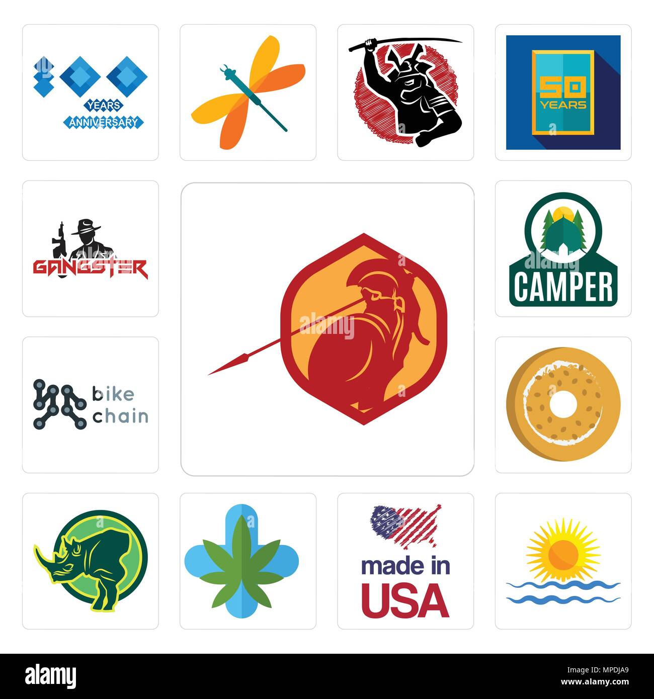 Satz von 13 Einfache editierbare Ikonen wie Sparta, Rising Sun, in den usa, medizinisches Marihuana, Rhino, Bagel, Fahrrad Kette, Camper, die Gangster können verwendet werden für Stock Vektor