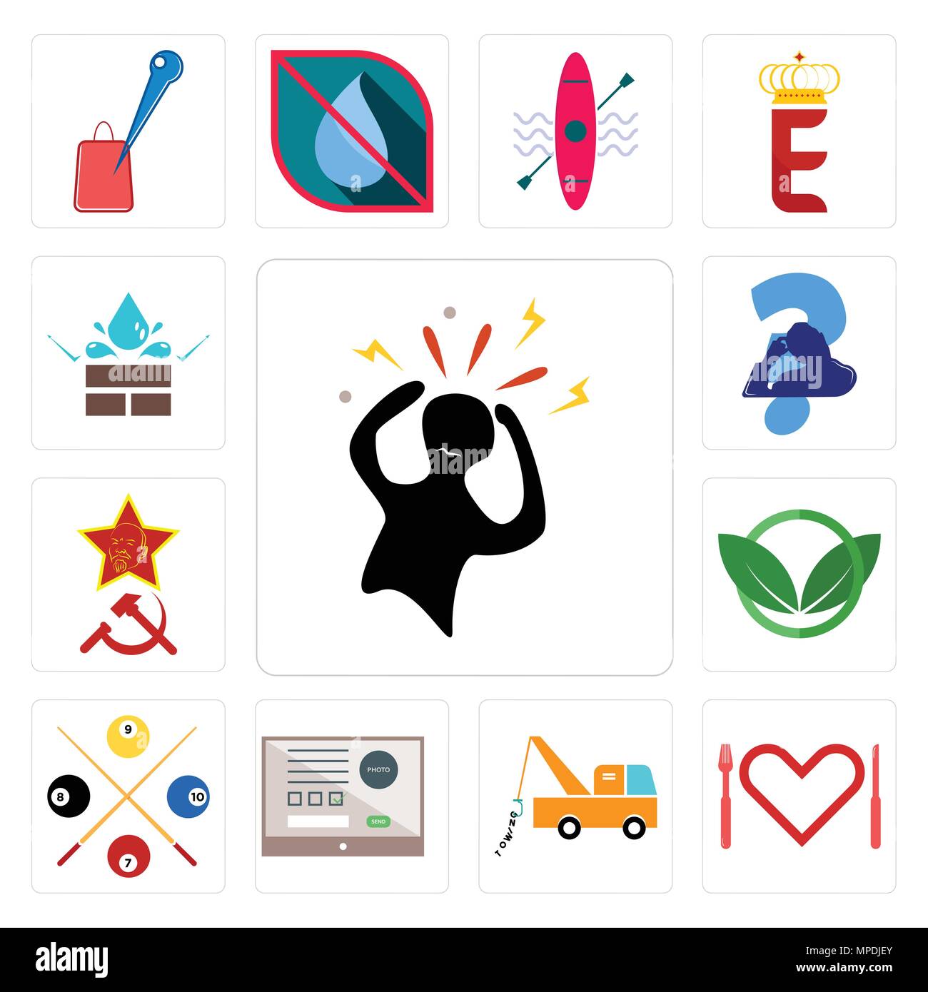 Satz von 13 Einfache editierbare Ikonen wie Panik, Appetit, Abschleppwagen, online Formular, Snooker, Eco Club, Kommunismus, kratzen Kopf, wasserdicht sein kann Stock Vektor